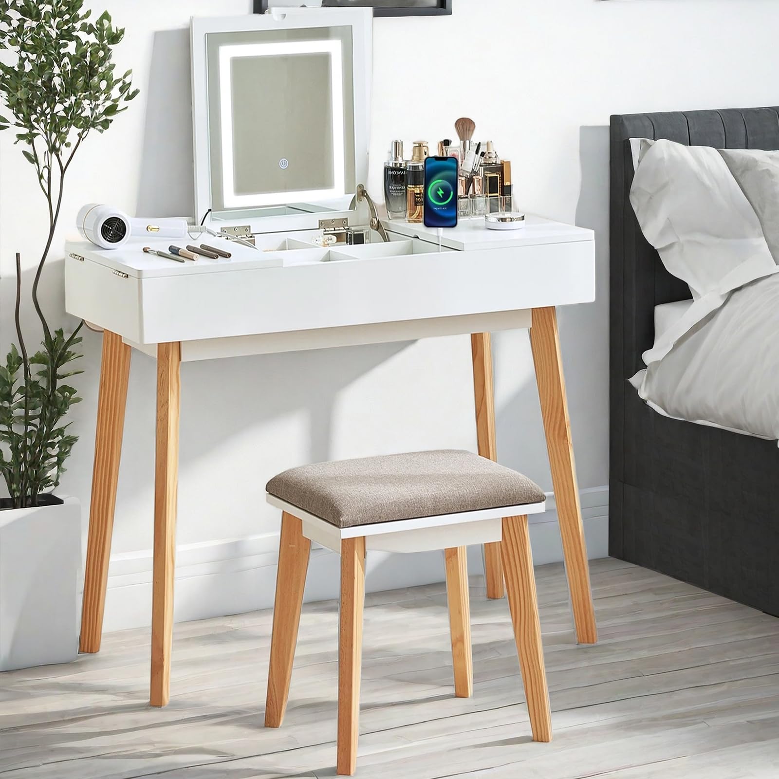 Flip Top Vanity Desk with LED Mirror and Power Outlet