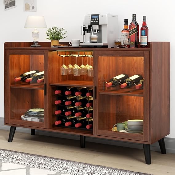 Wine Bar Cabinet with LED Light and Storage