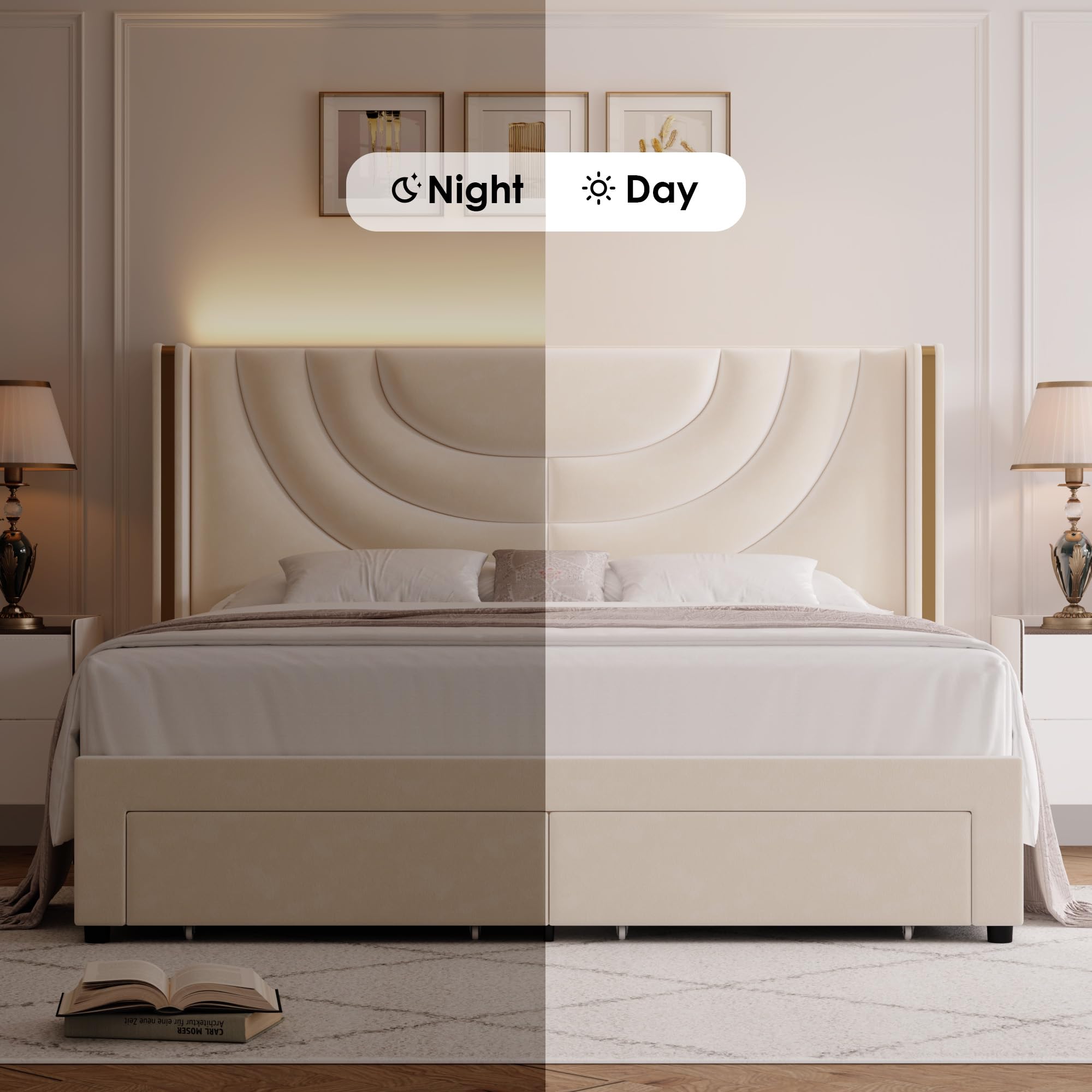 Full Upholstered LED Bed Frame with Storage Drawers