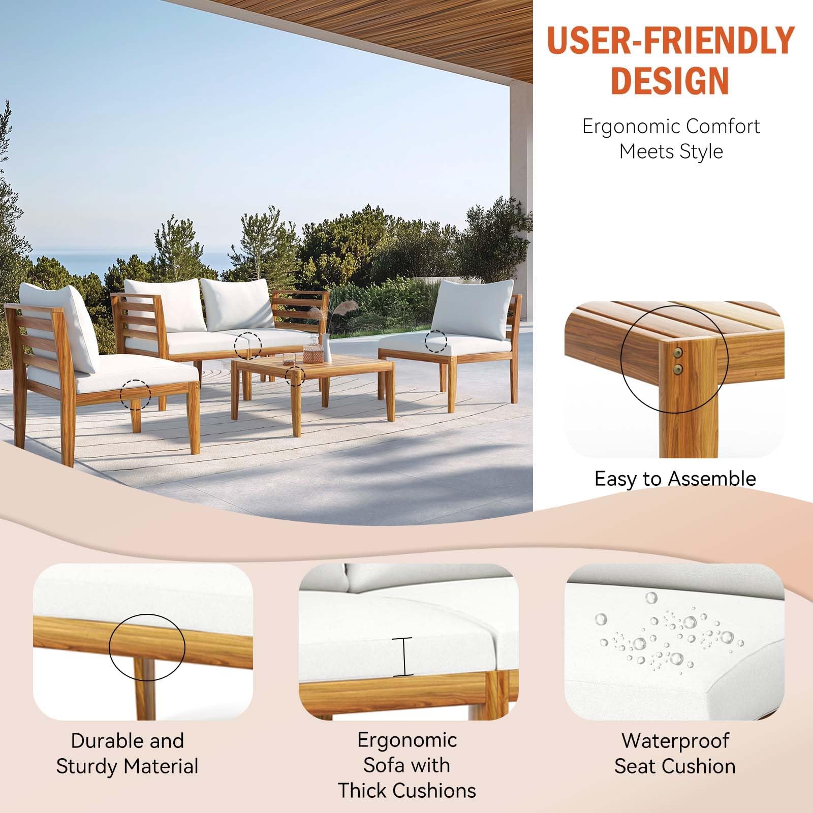 5 Piece Acacia Wood Patio Conversation Set with Waterproof Cushions