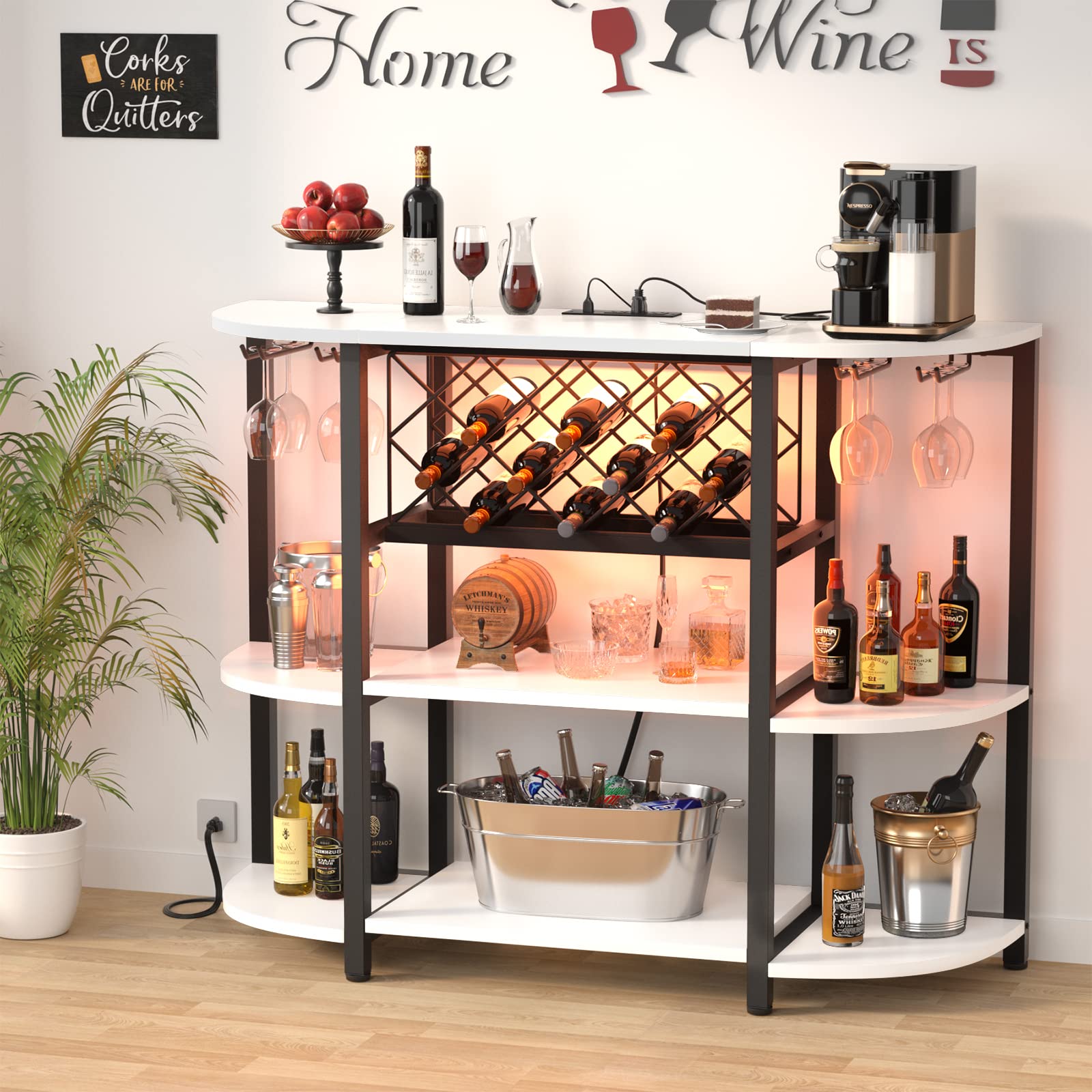 Wine Bar Cabinet with LED Light and Charging Station