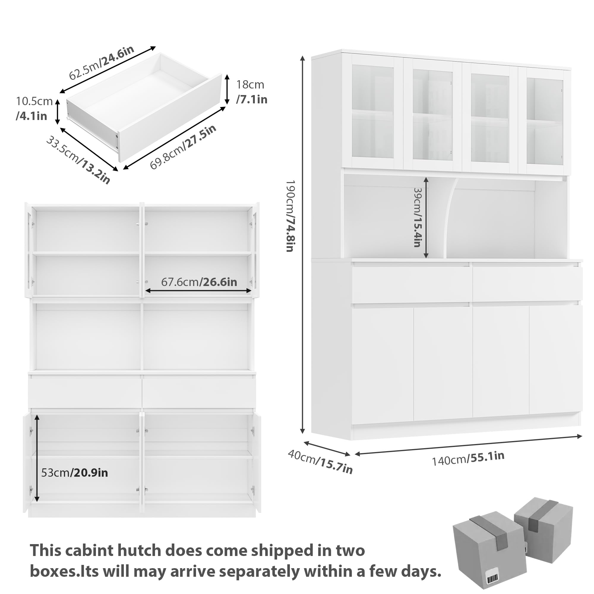 Kitchen Pantry Storage Cabinet with Glass Doors