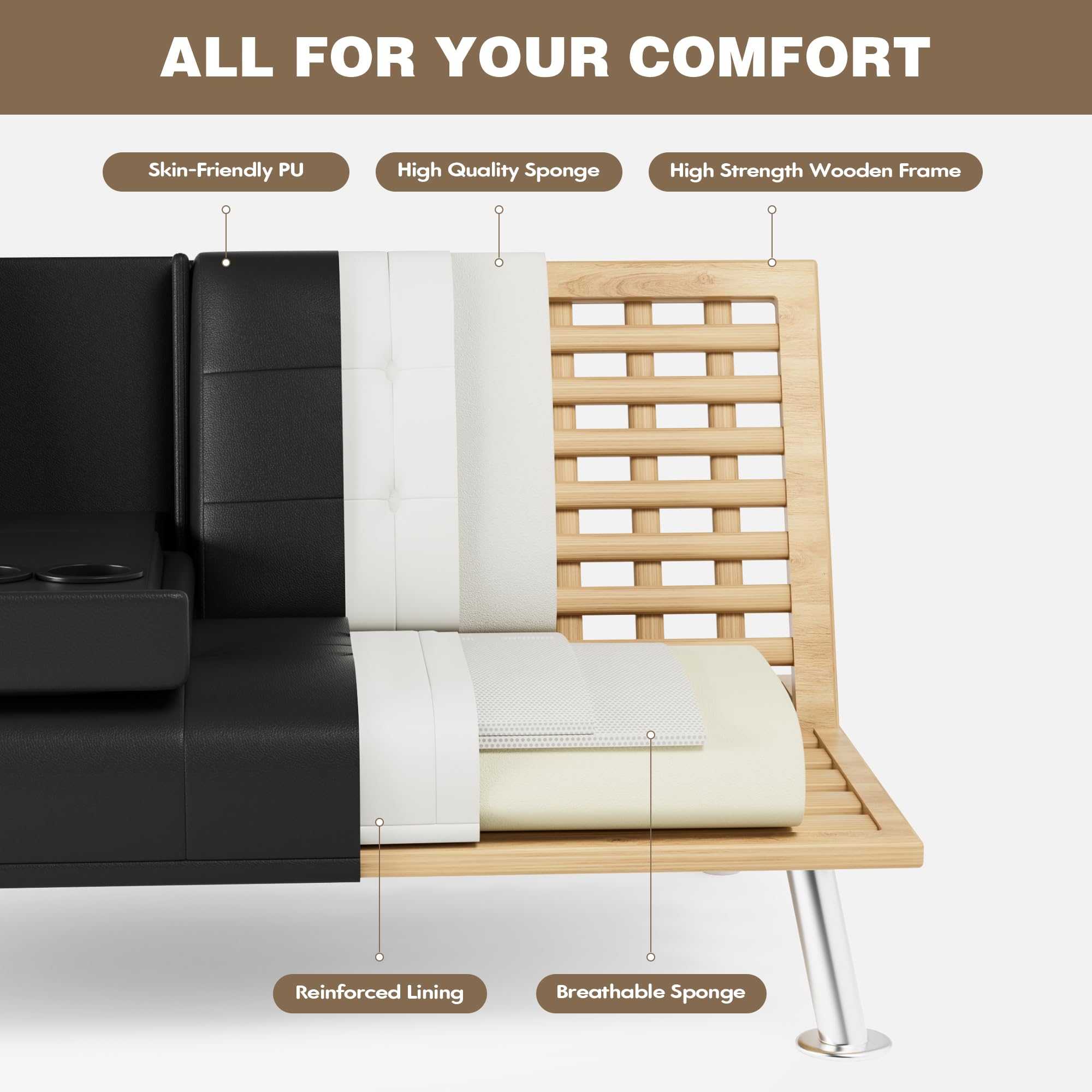 Adjustable Futon Sofa Bed with Cup Holders