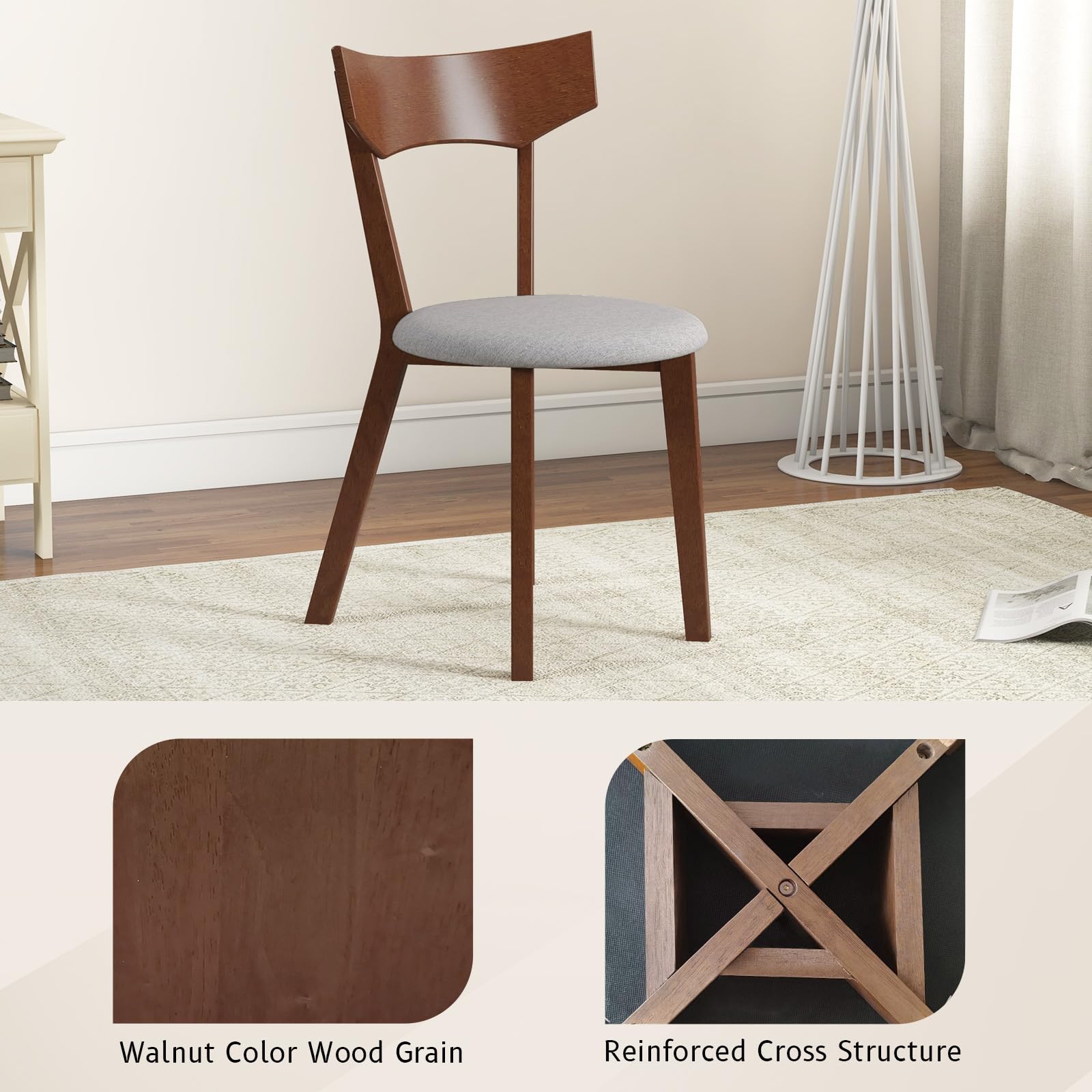 Wooden Dining Chairs Set of 2 with Curved Back and Cushioned Seat