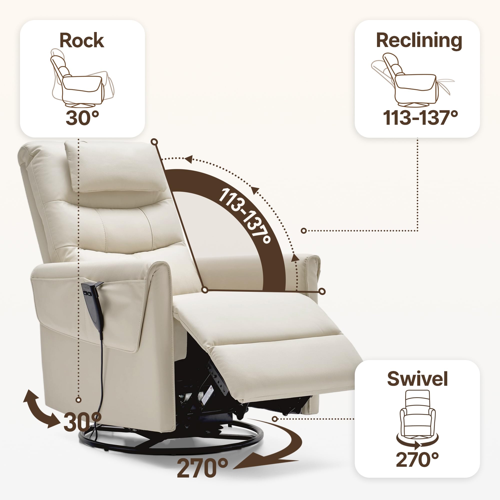 Genuine Leather Power Recliner Chair with Swivel and Rocker