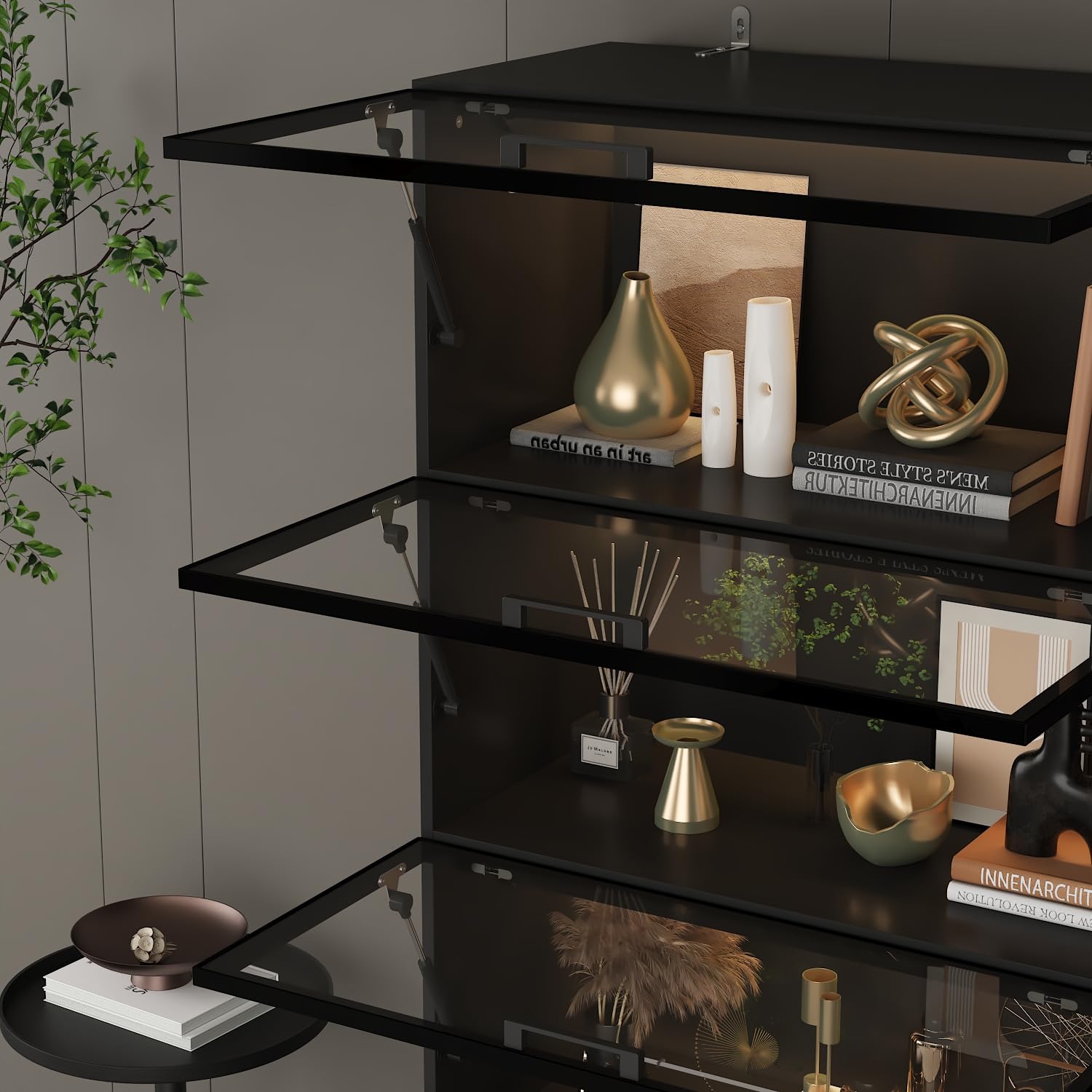 Glass Display Cabinet with LED Lights and Flip-Up Doors