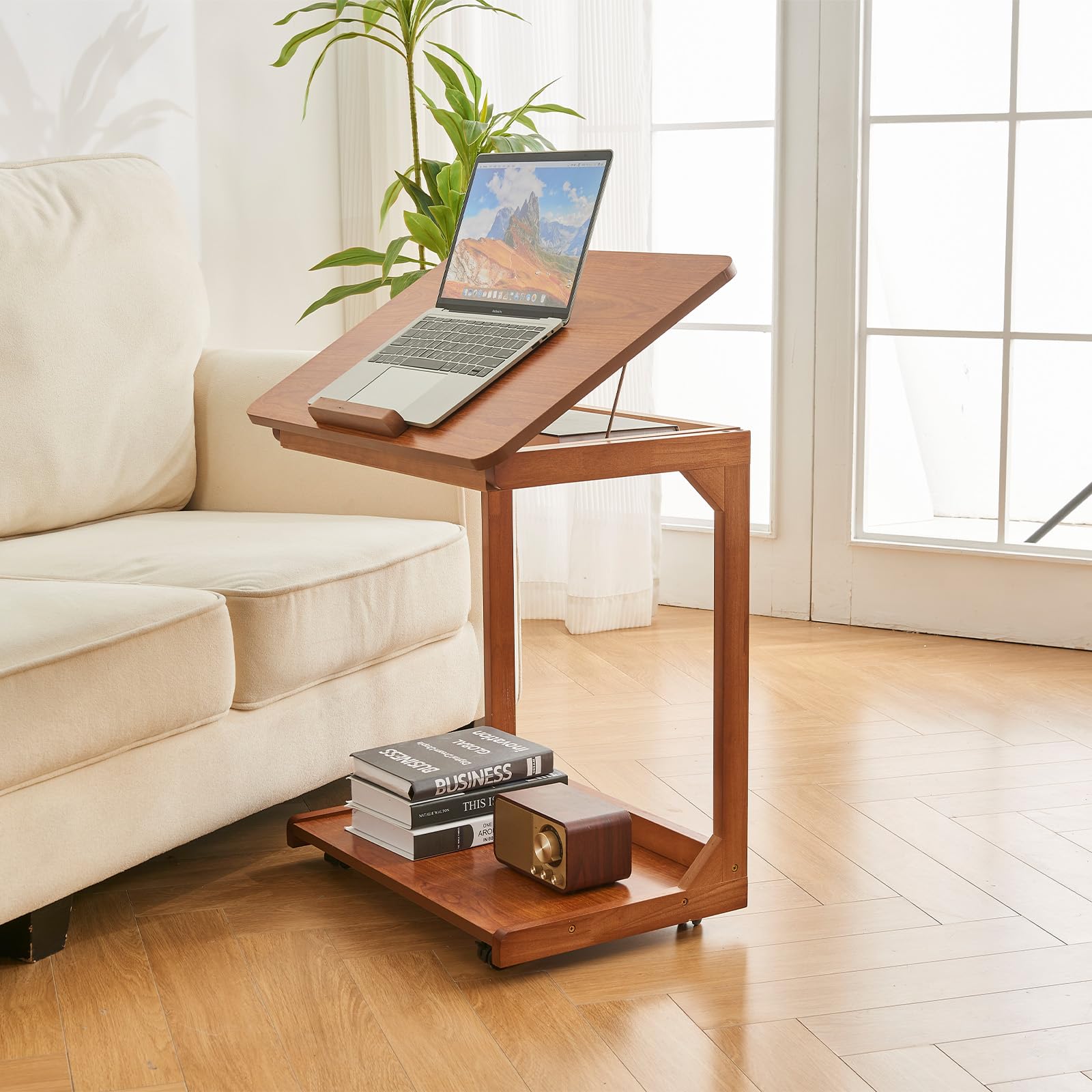 C-Shaped Rolling End Table with Wheels