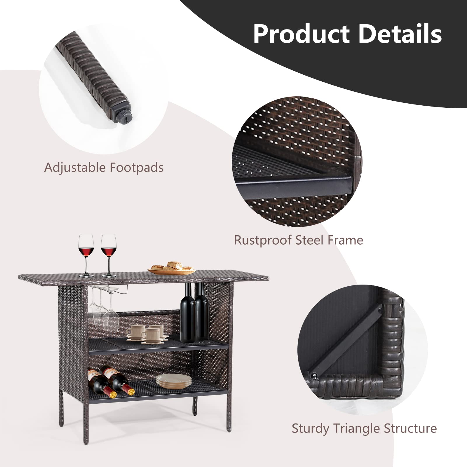 Outdoor Wicker Bar Table with Storage Shelves