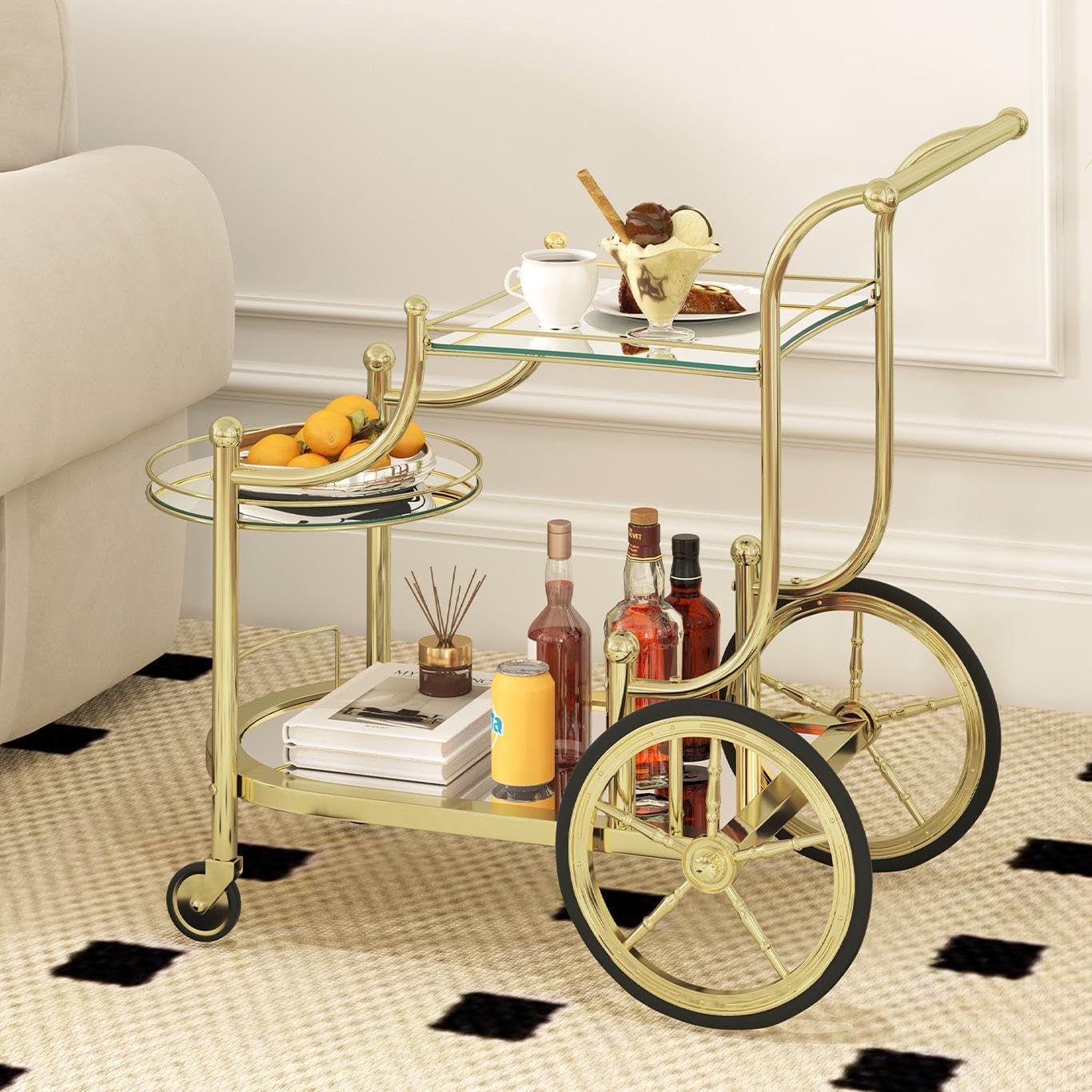 3-Tier Gold Bar Cart with Wheels
