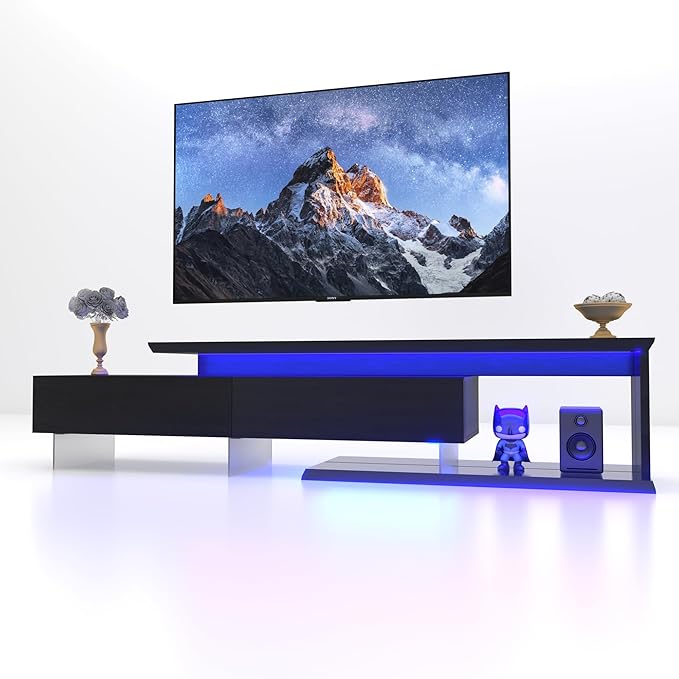 LED TV Stand with Asymmetrical Design and Tempered Glass Shelves
