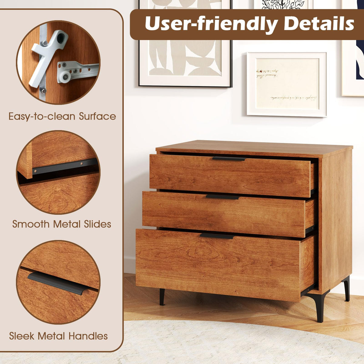 3-Drawer Mid-Century Modern Dresser with Anti-Tip Kit