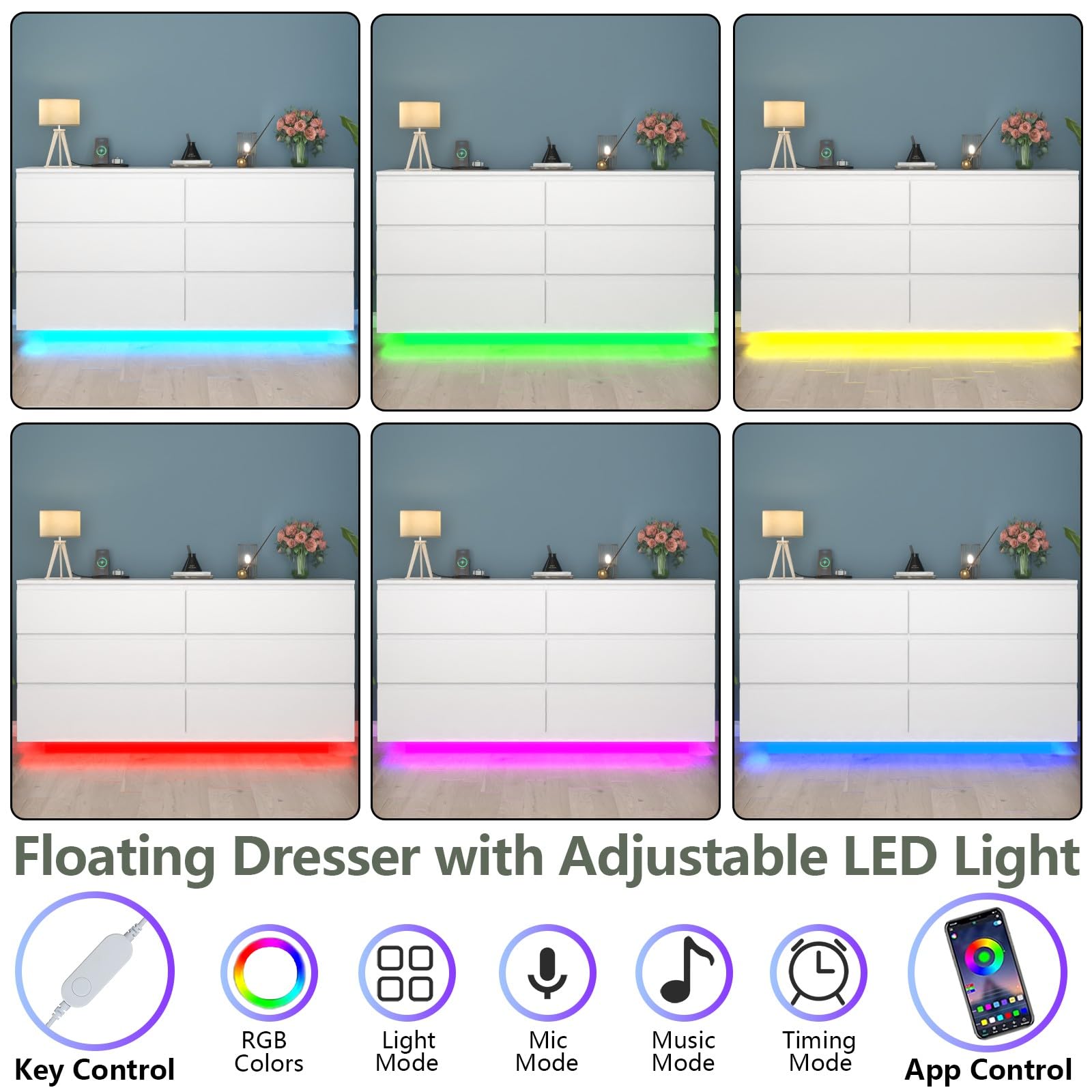 6 Drawer Dresser with Power Outlet and LED Light