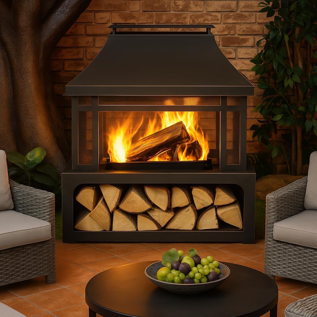 Outdoor Wood Burning Fireplace with Chimney and Grill