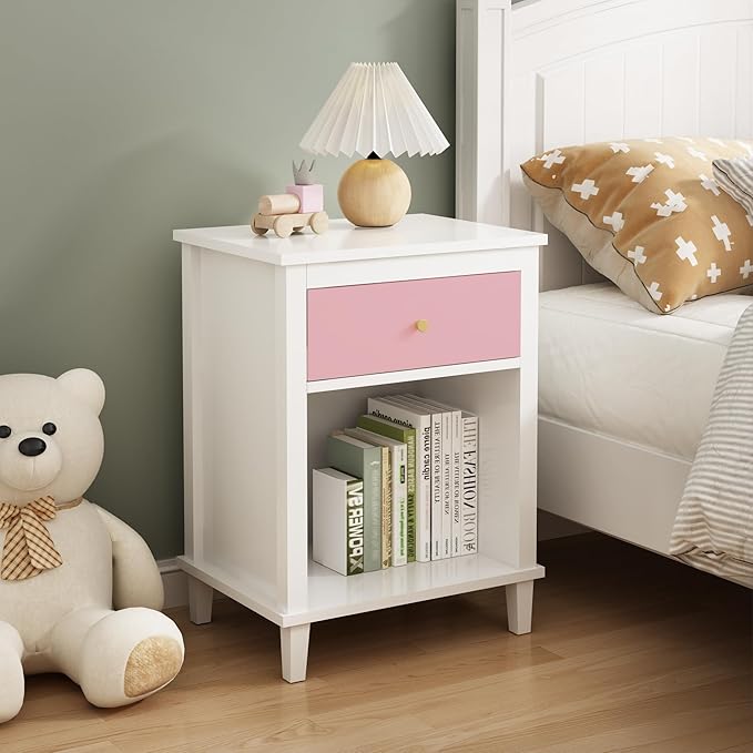 White Nightstand with Drawer and Storage Shelf