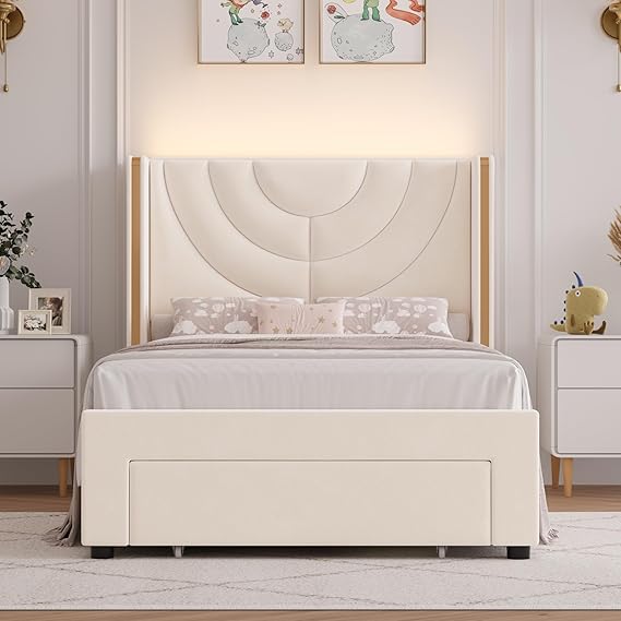 Full Upholstered LED Bed Frame with Storage Drawers
