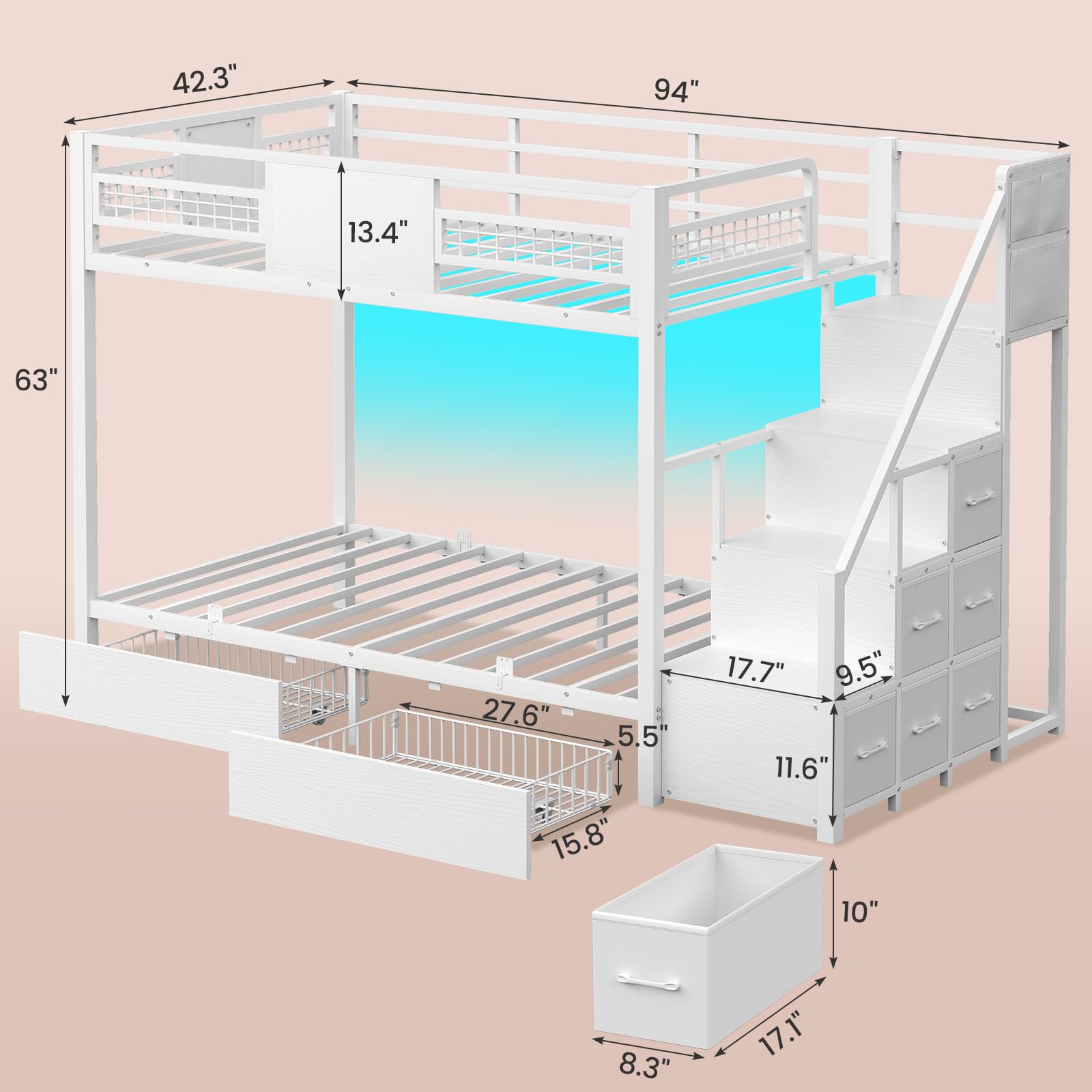 Twin Over Twin Bunk Bed with Stairs and LED Lights