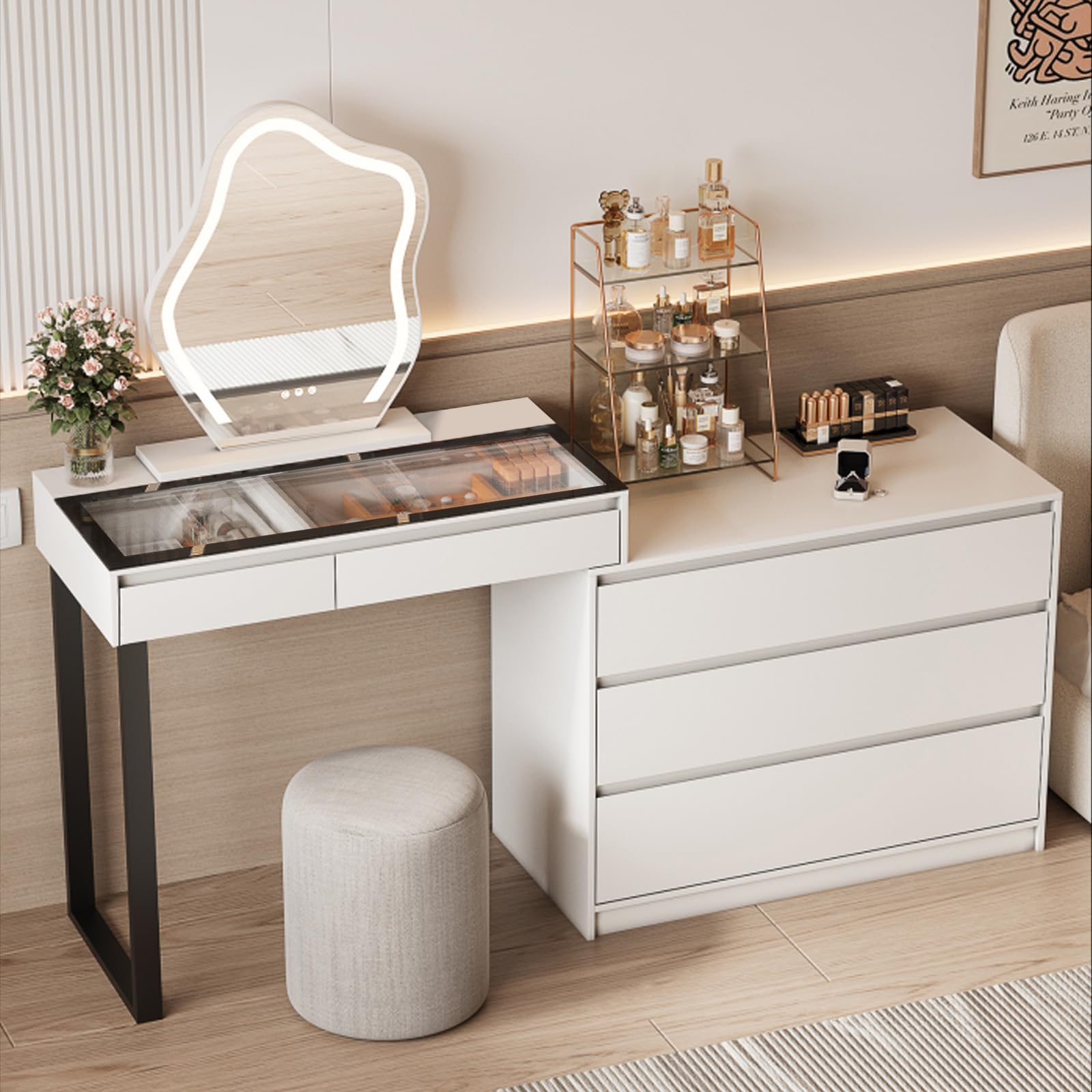 Corner Makeup Vanity Desk with Mirror and Lights