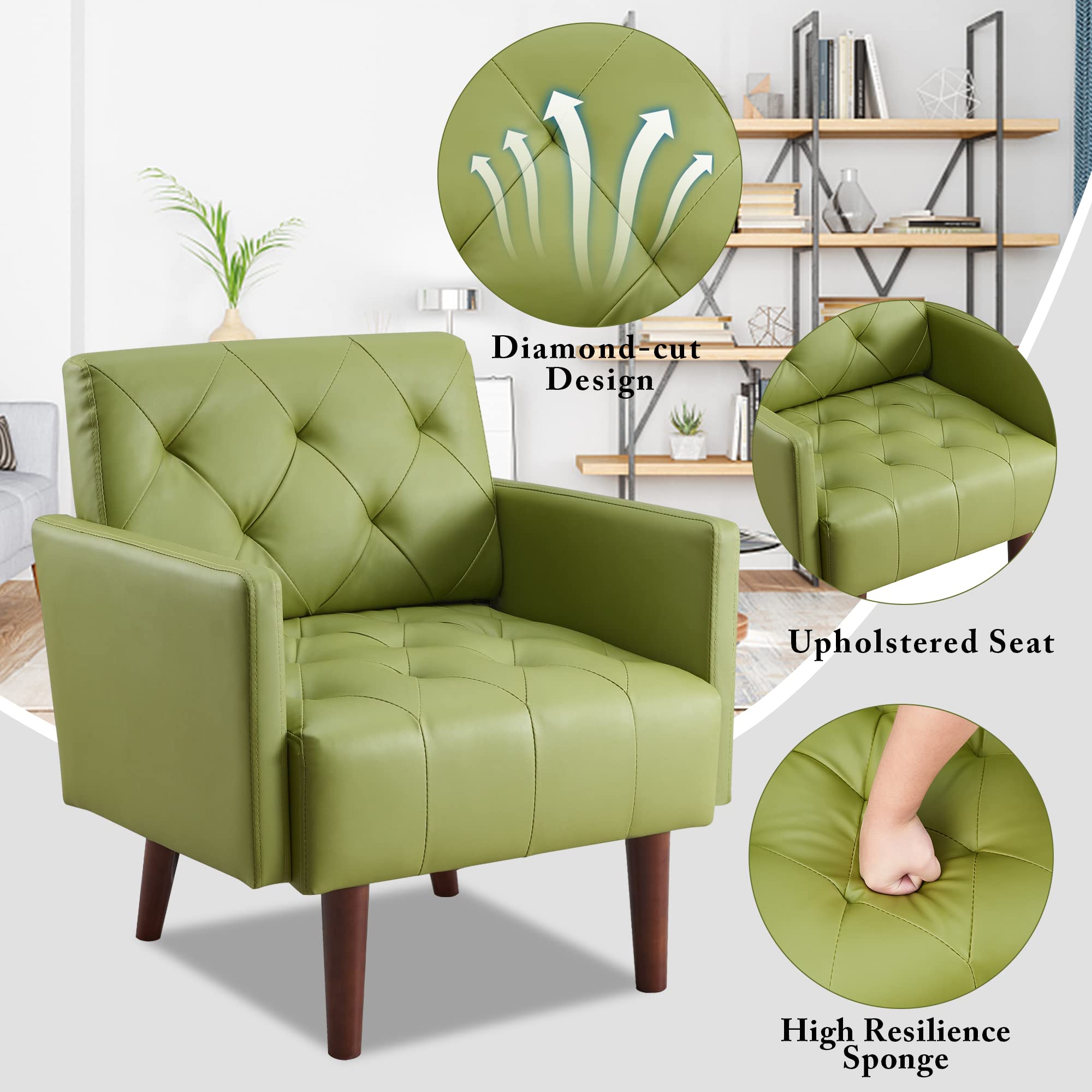 Green Faux Leather Accent Chair with Diamond Tufted Back