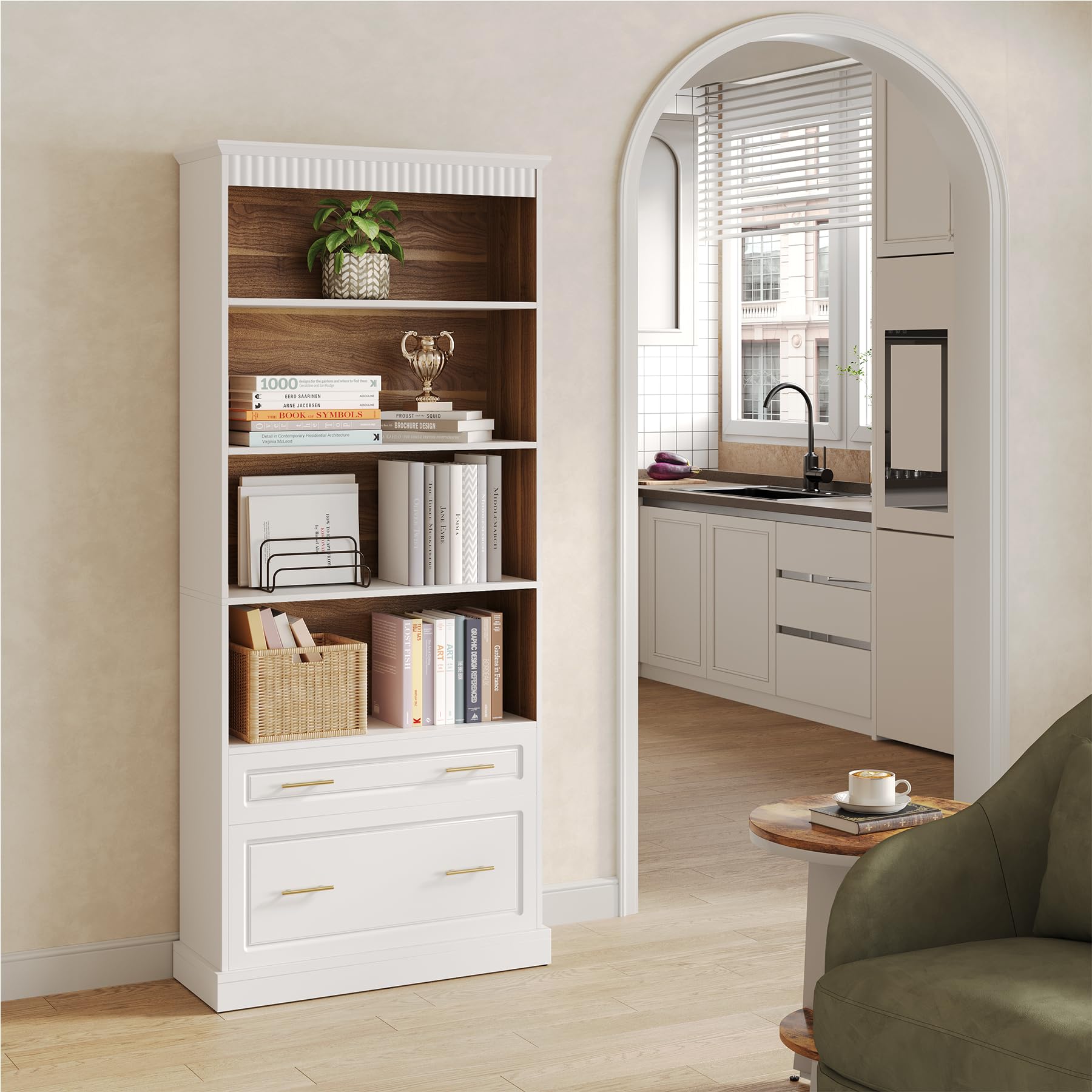 5-Tier Tall White Bookcase with Drawers