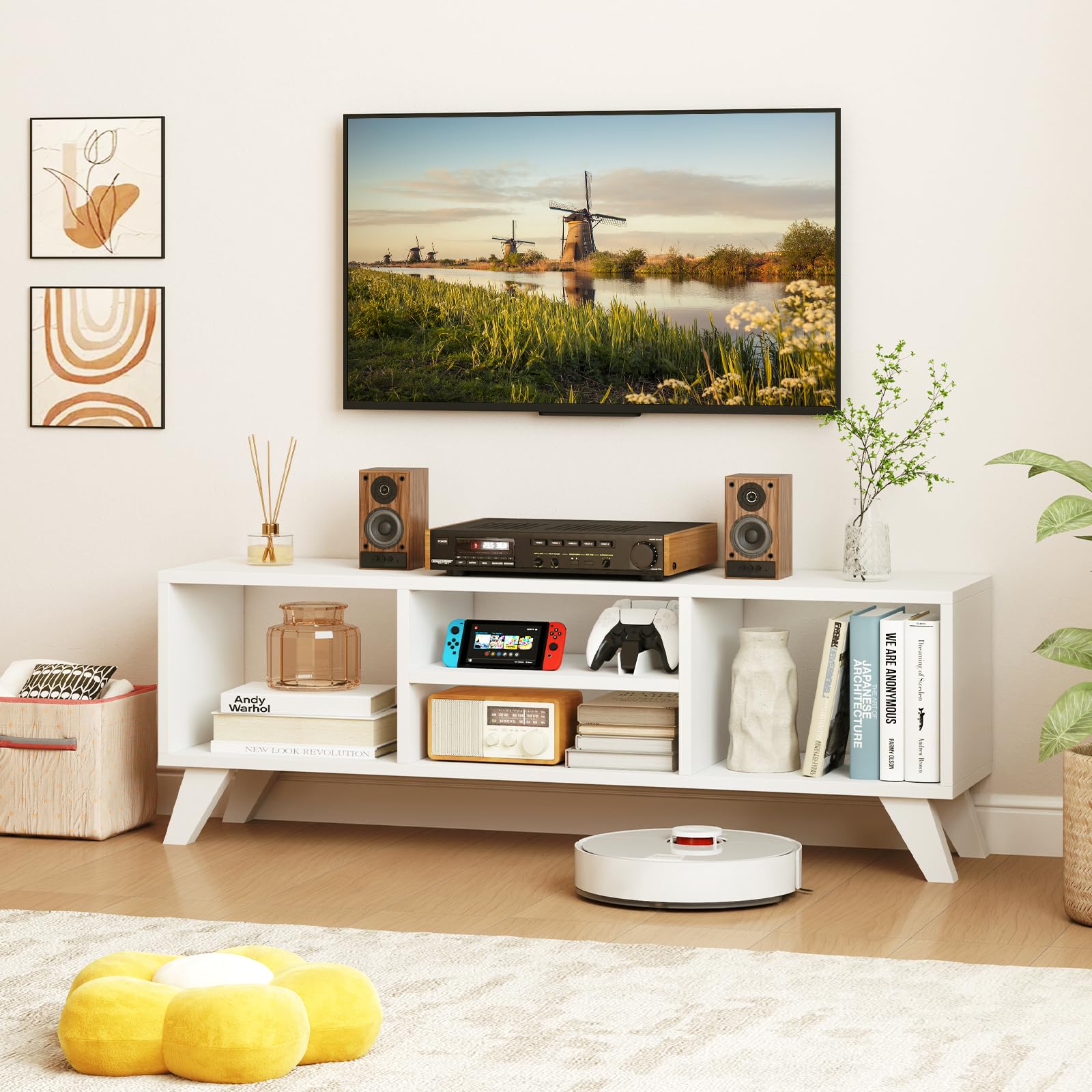 White TV Stand for TVs up to 55 Inches with 4 Open Storage Cubbies