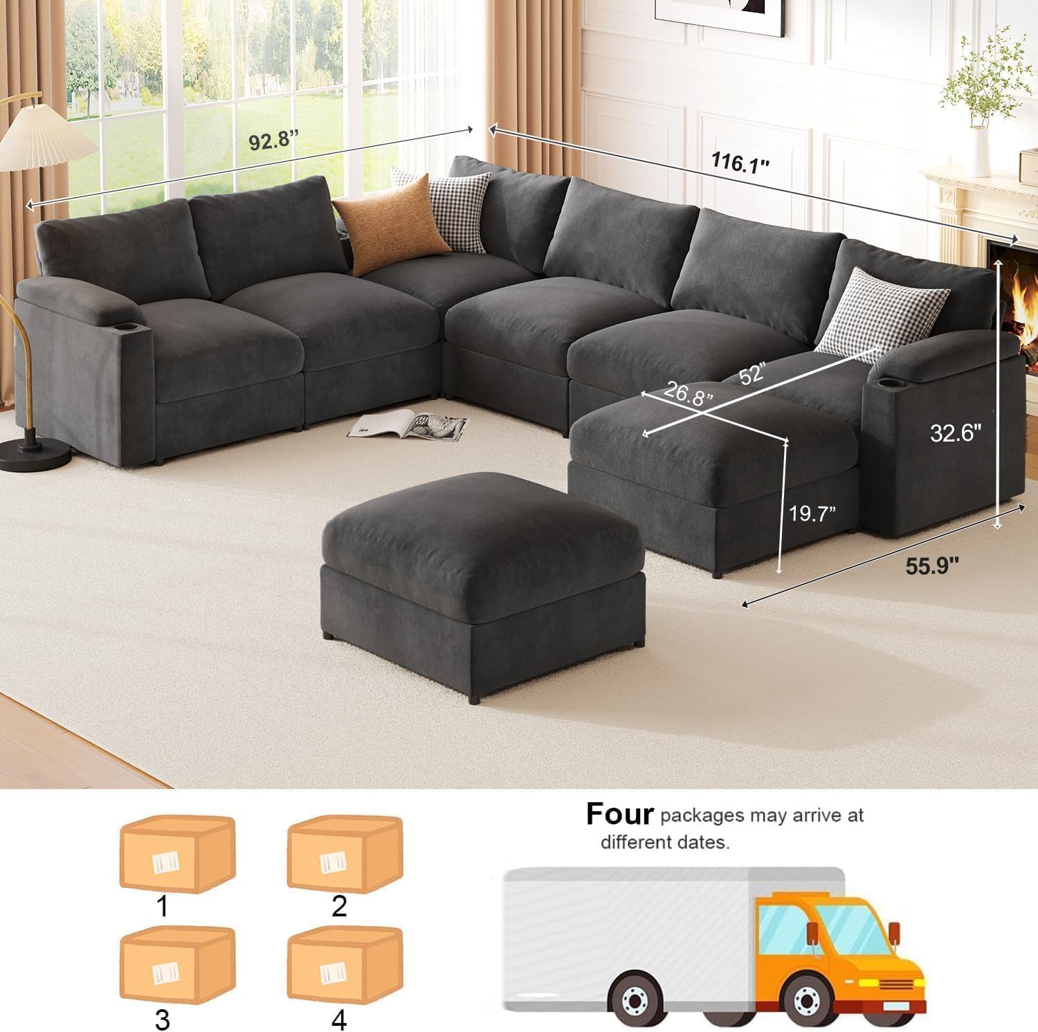 Oversized Modular Sectional Sofa Grey Velvet U-Shaped 8-Seat