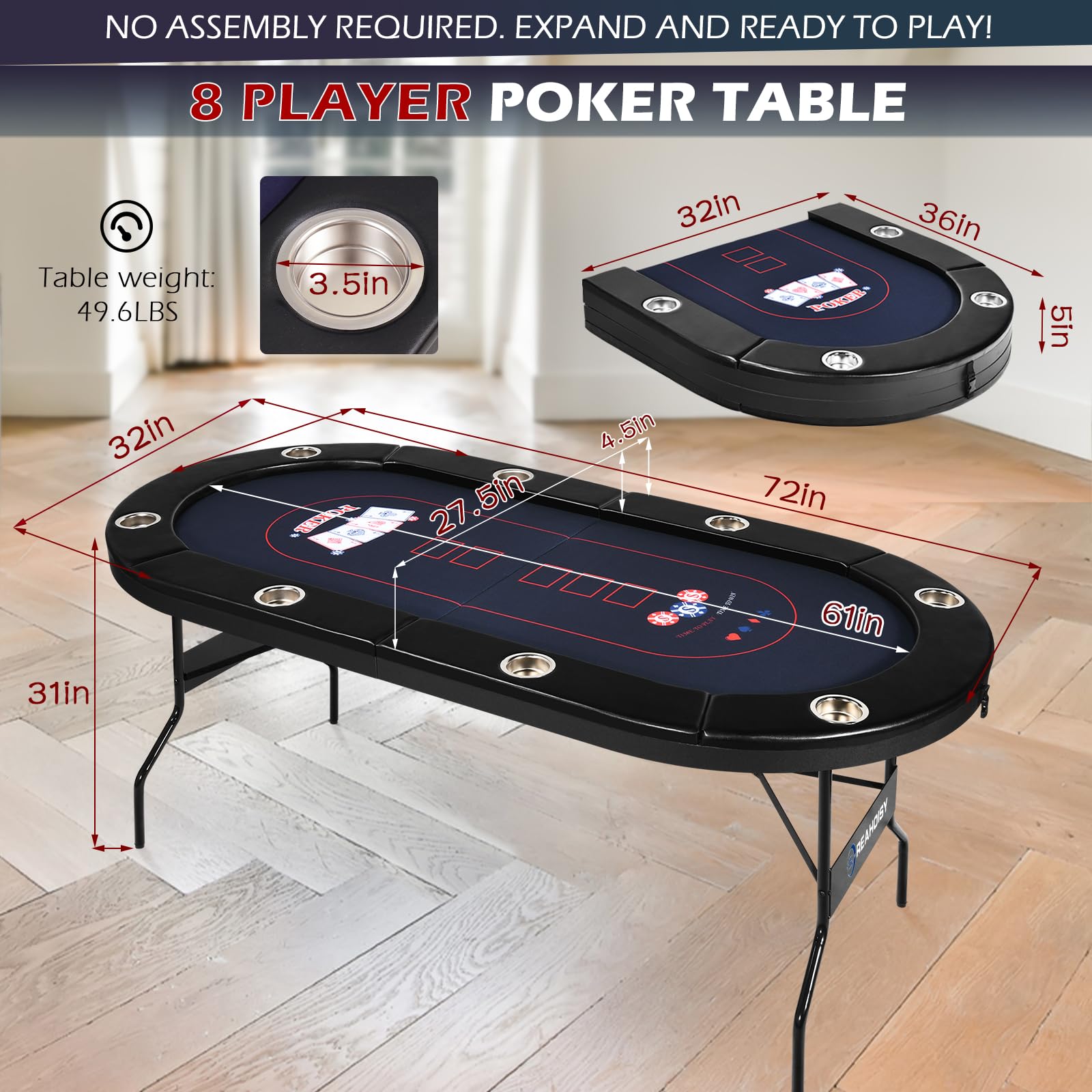 8-Player Foldable Poker Table with Cup Holders
