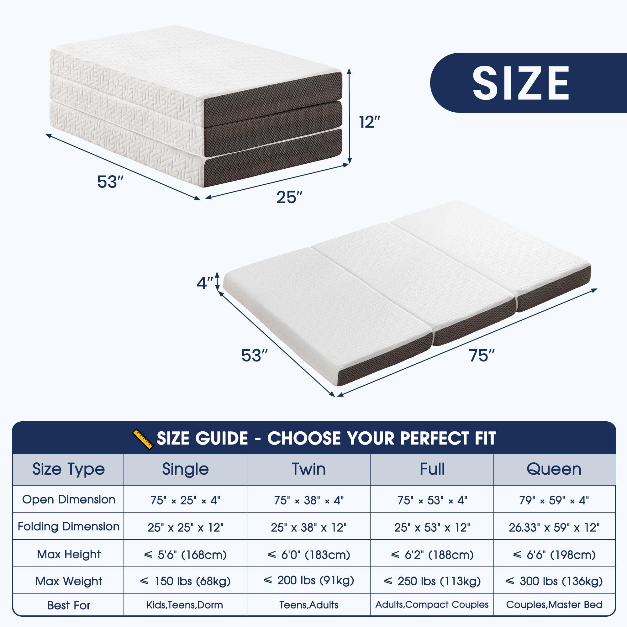Tri-Folding Memory Foam Mattress Full Size