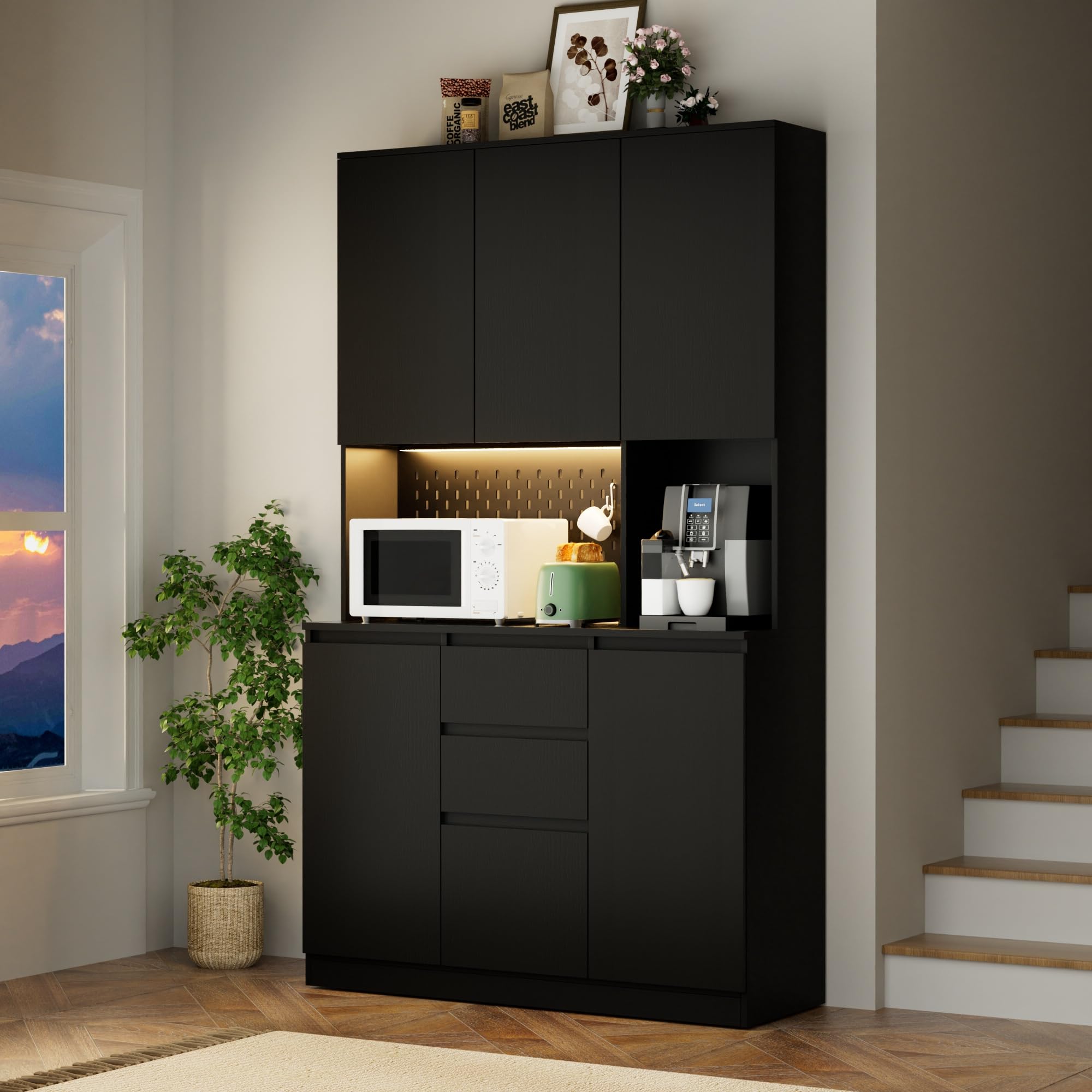 74" Pantry Cabinet with Power Outlet and LED Light Strip