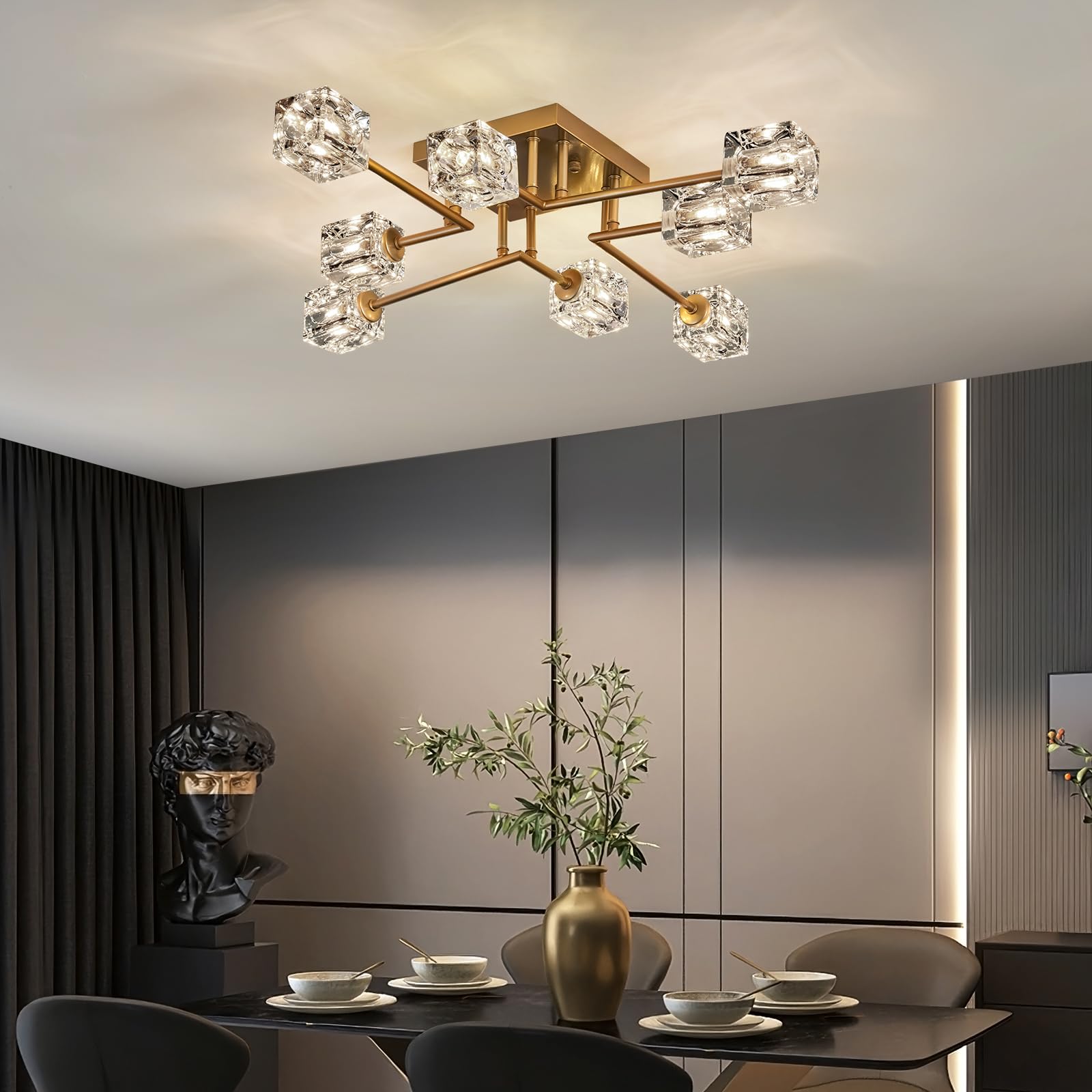 Vintage Gold Semi Flush Mount Ceiling Light 8-Light Glass Sputnik