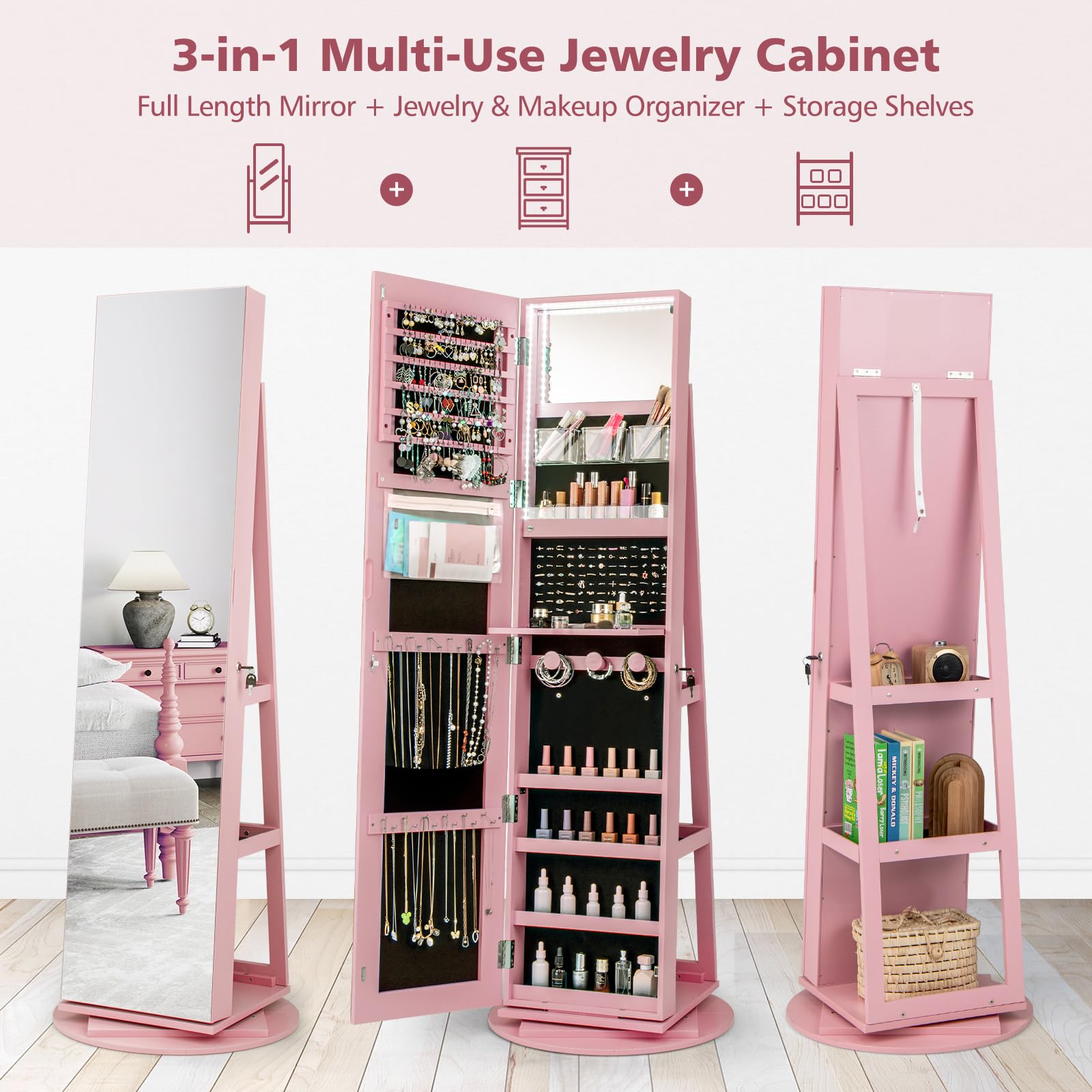 360° Swivel Jewelry Armoire with Full Length Mirror