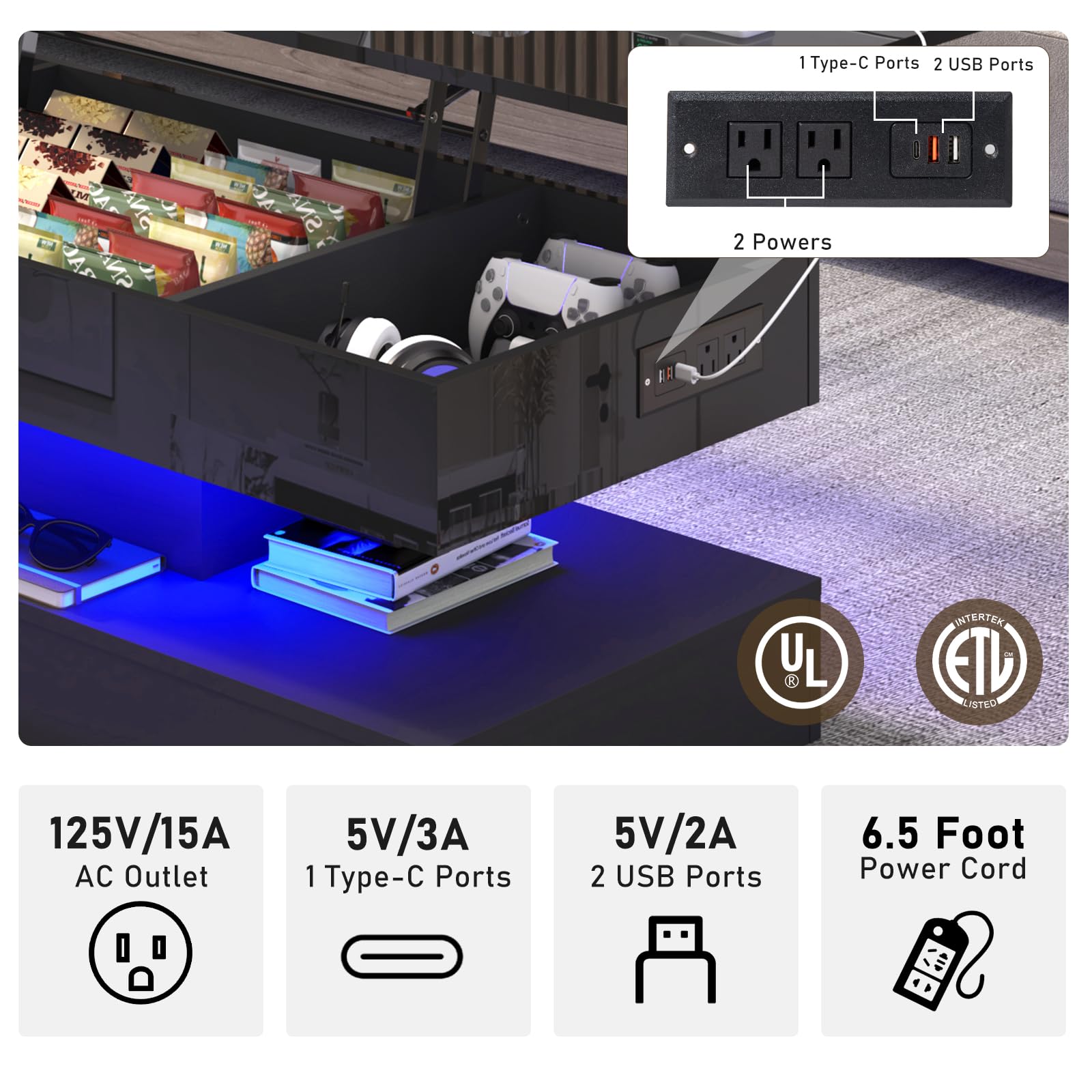 Lift Top Coffee Table with LED Lights and Storage