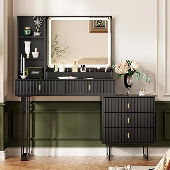 Vanity Desk with Touch Screen Dimming Mirror and Charging Station
