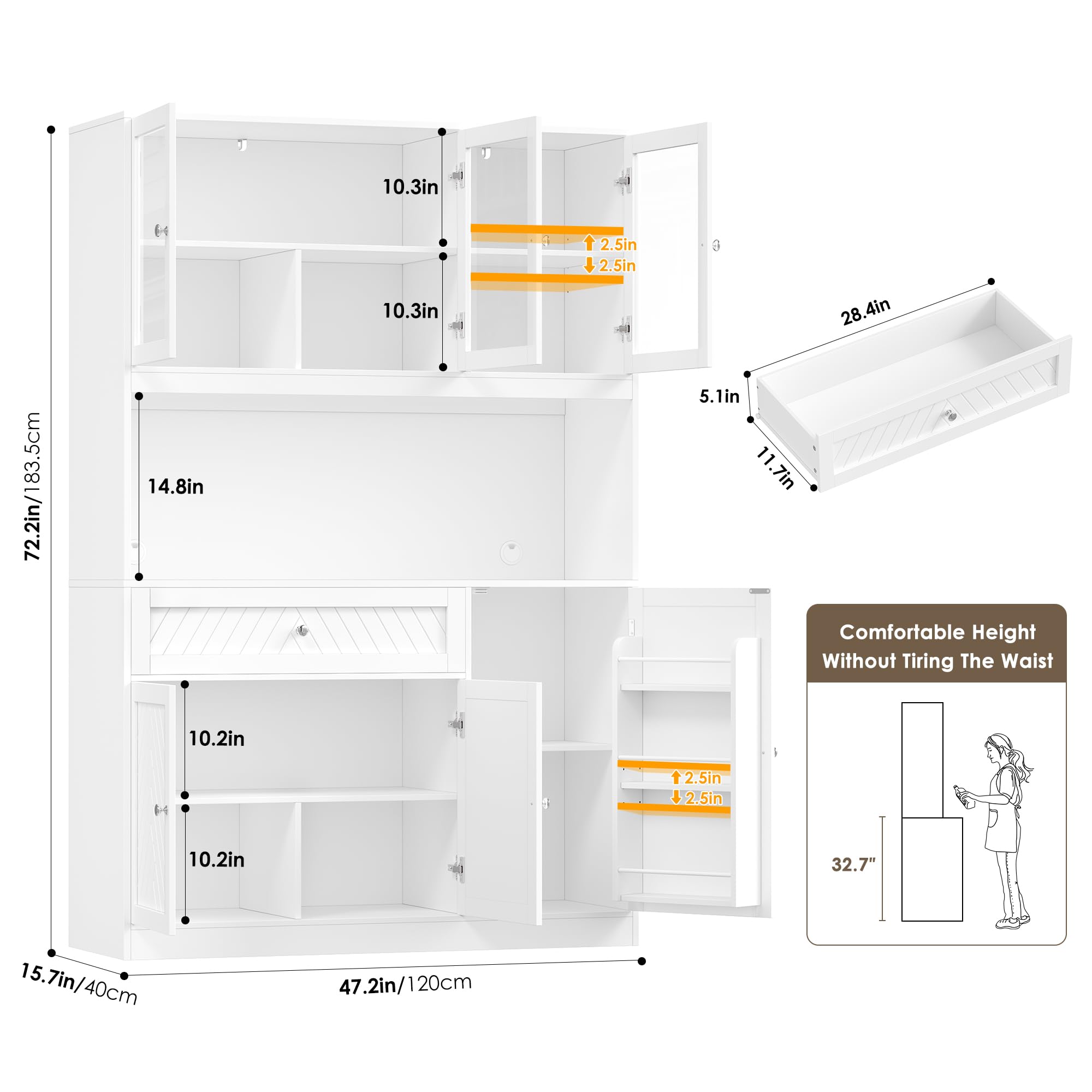 72" Tall Kitchen Pantry Storage Cabinet with Glass Doors