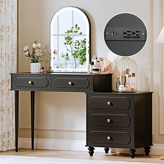 Black Vanity Desk with Mirror and Lights