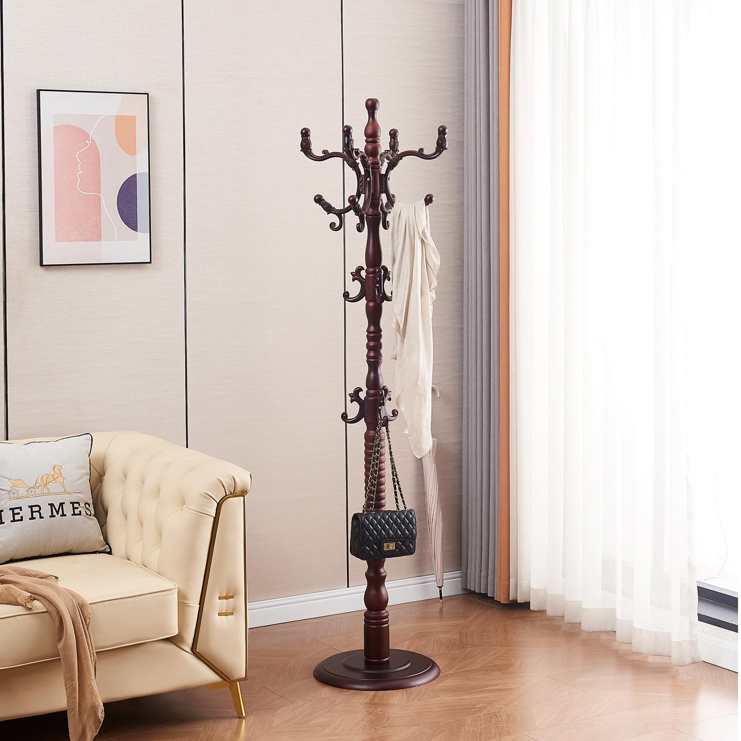 Wooden Freestanding Coat Rack with 14 Hooks
