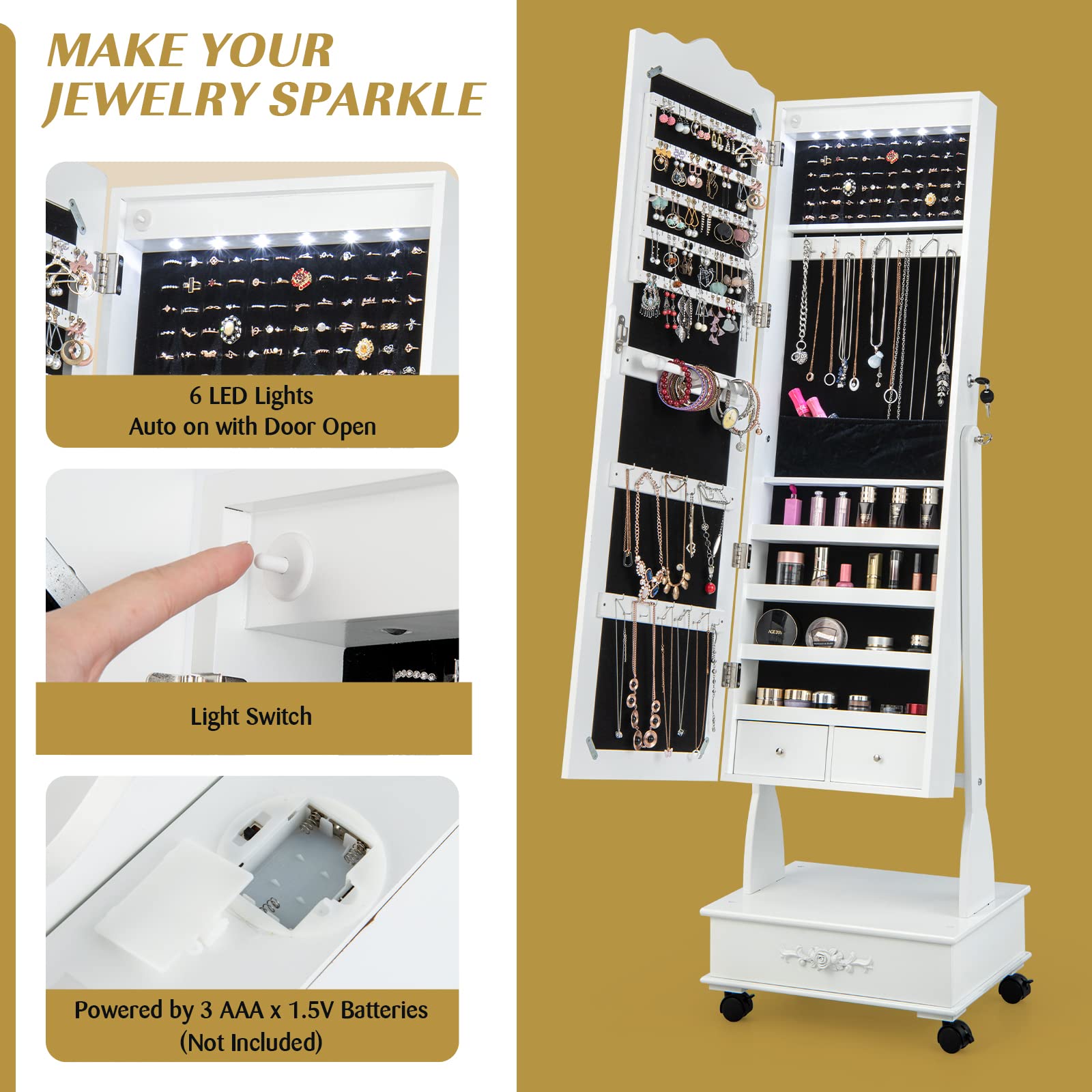 Rolling Jewelry Armoire with Full Length Mirror