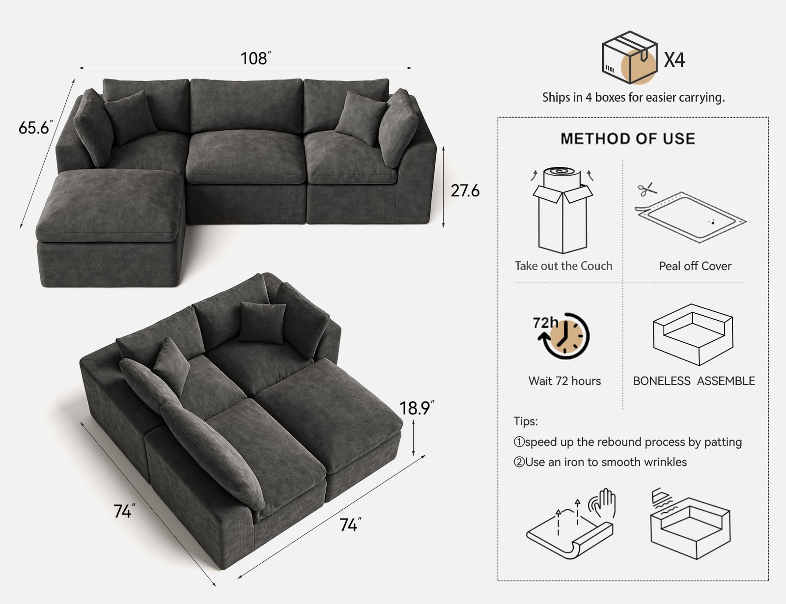 108 Inch L-Shaped Sectional Sofa with Ottoman