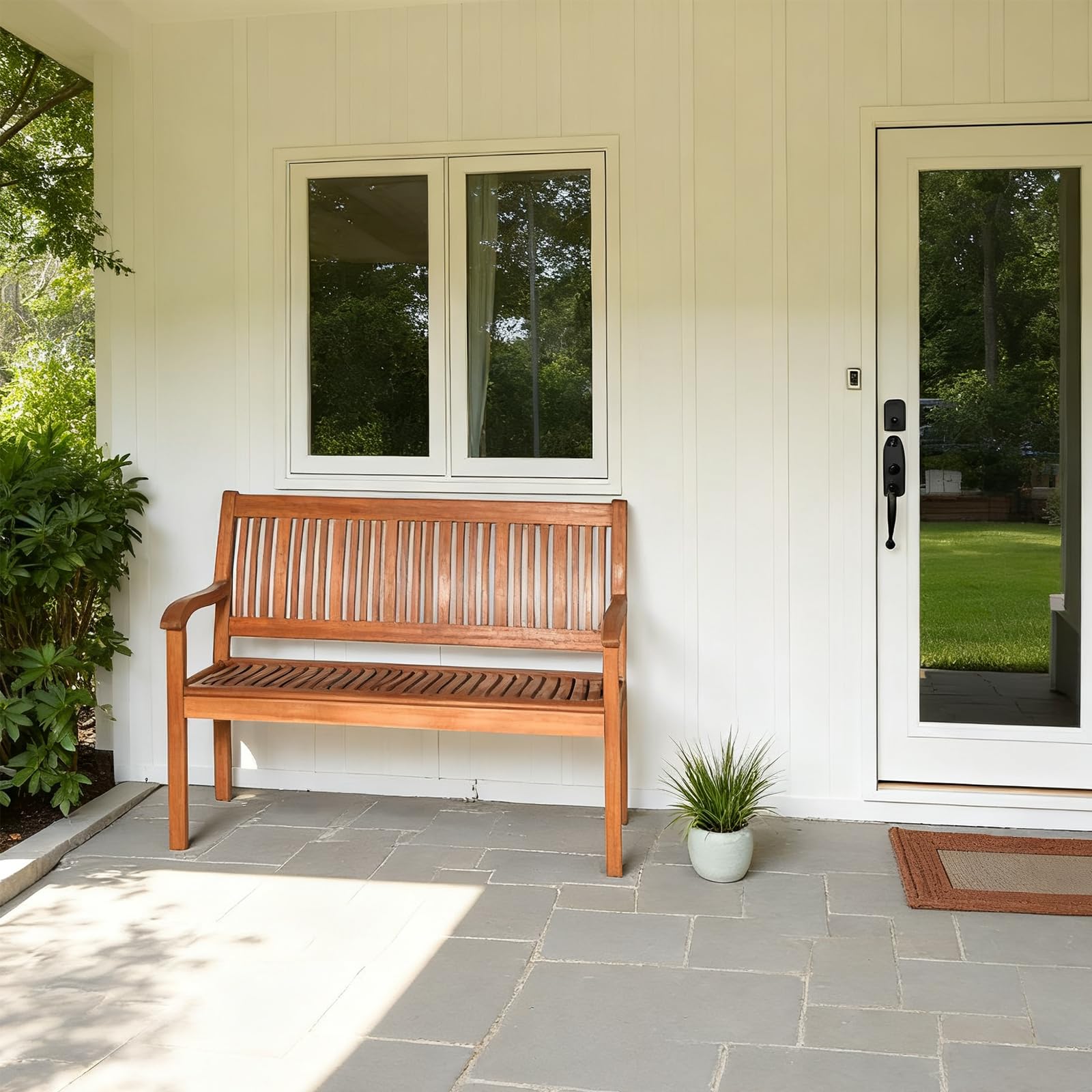 Eucalyptus Outdoor Loveseat Bench with Curved Armrests