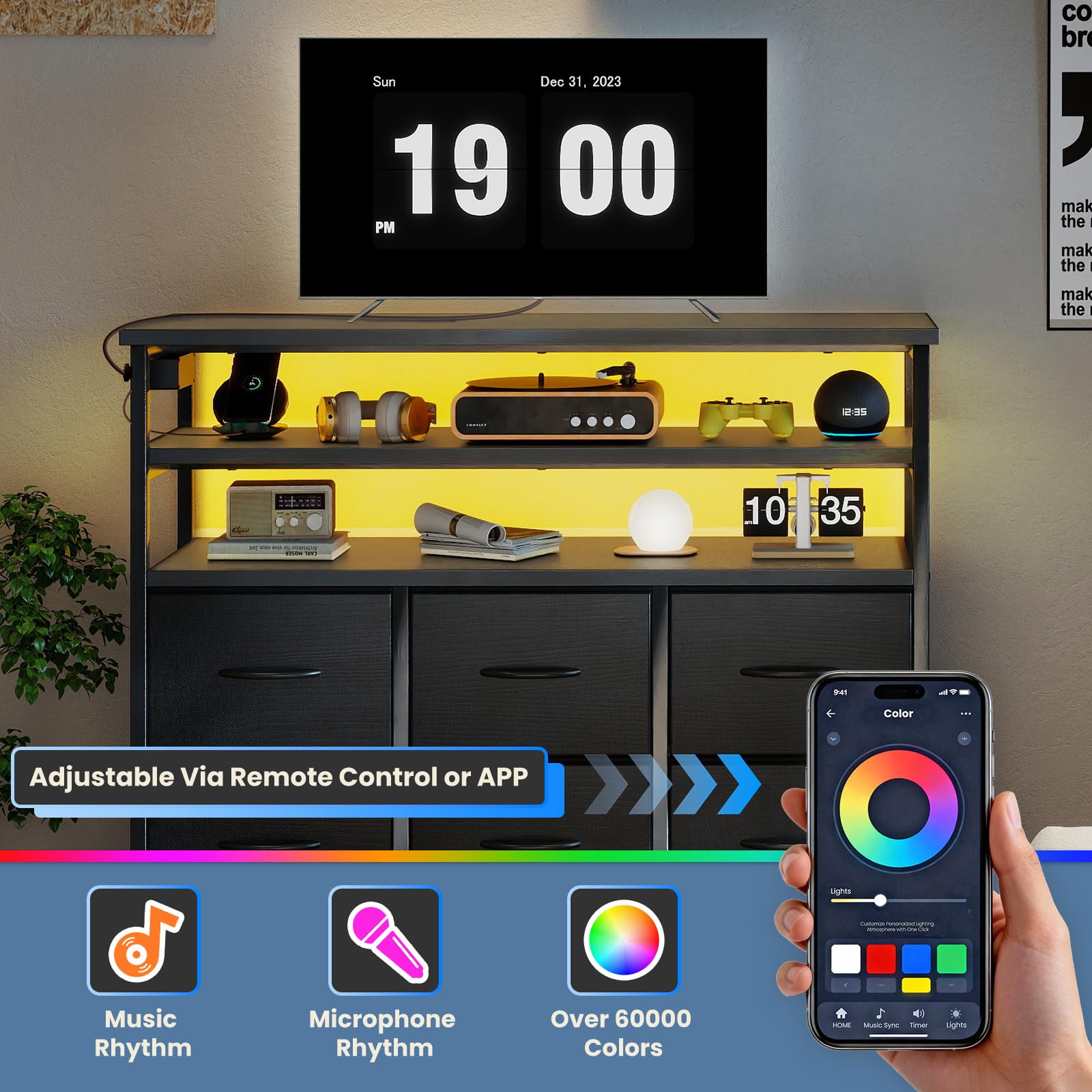 TV Stand with LED Lights and Charging Station