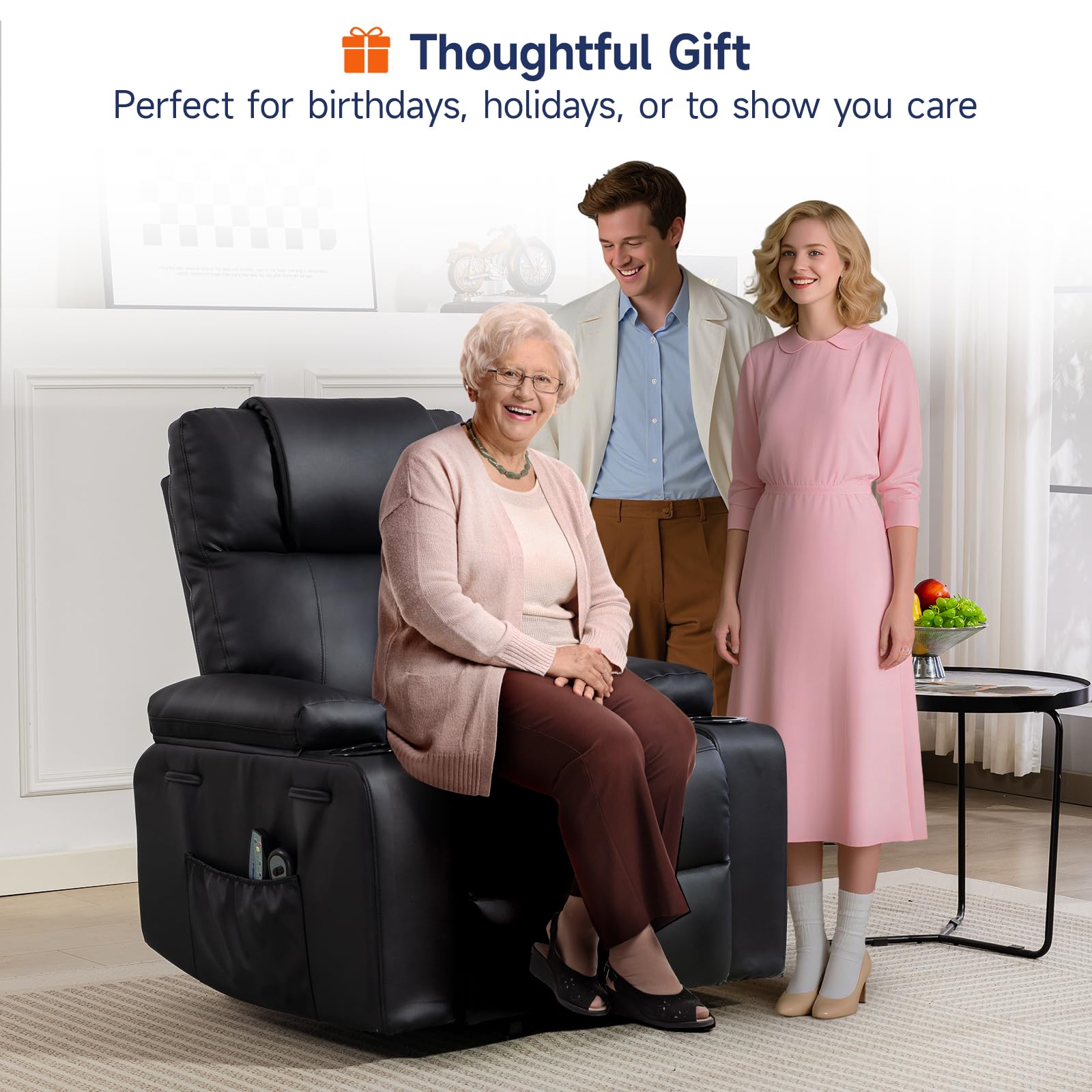 Power Lift Recliner Chair for Elderly with Massage & Heat, 160° Adjustable PU Leather Electric Recliner with Remote, Cup Holders, Side Pockets, and Stand Assist for Living Room, Bedroom (Black)