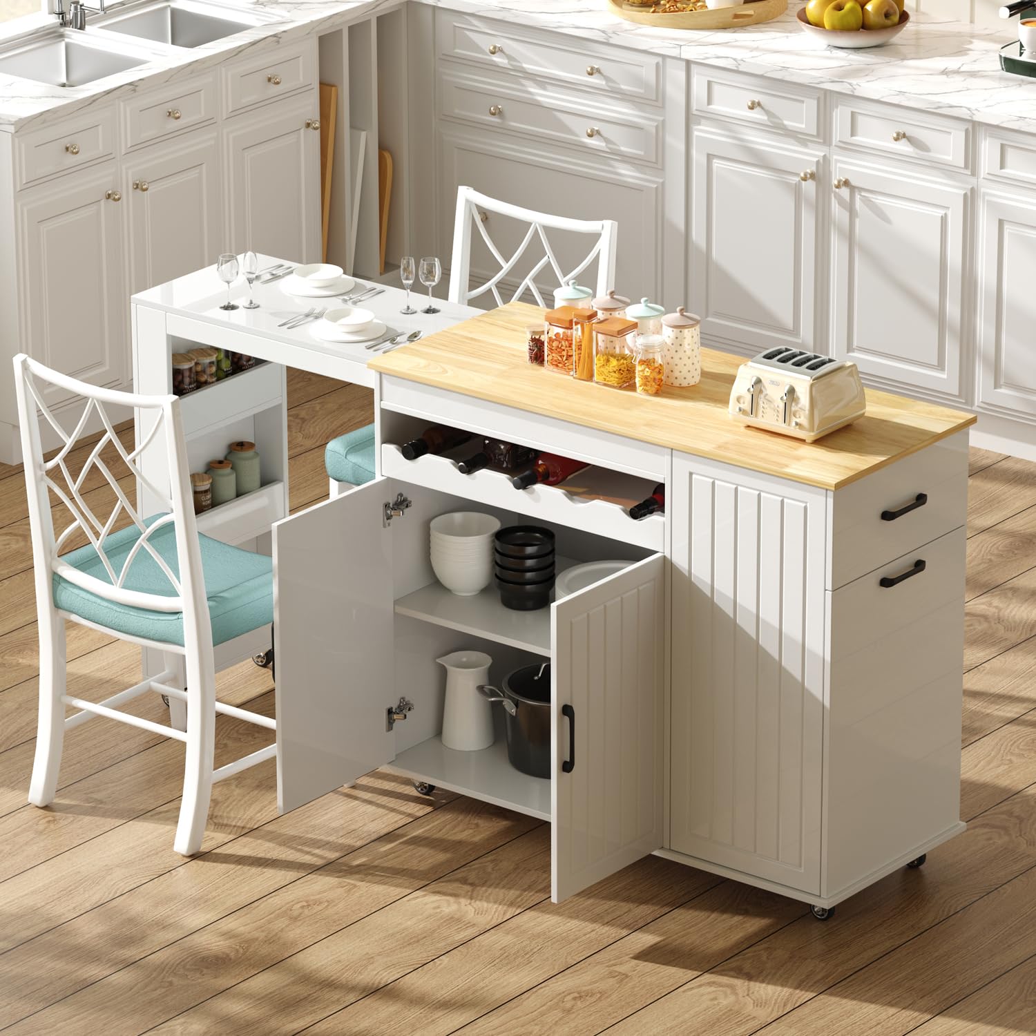 Rolling Kitchen Island with Extendable Dining Table and Storage