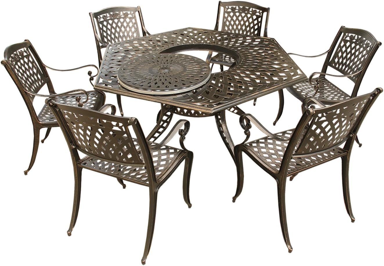 63-Inch Hexagon Outdoor Dining Set with Lazy Susan and 6 Chairs