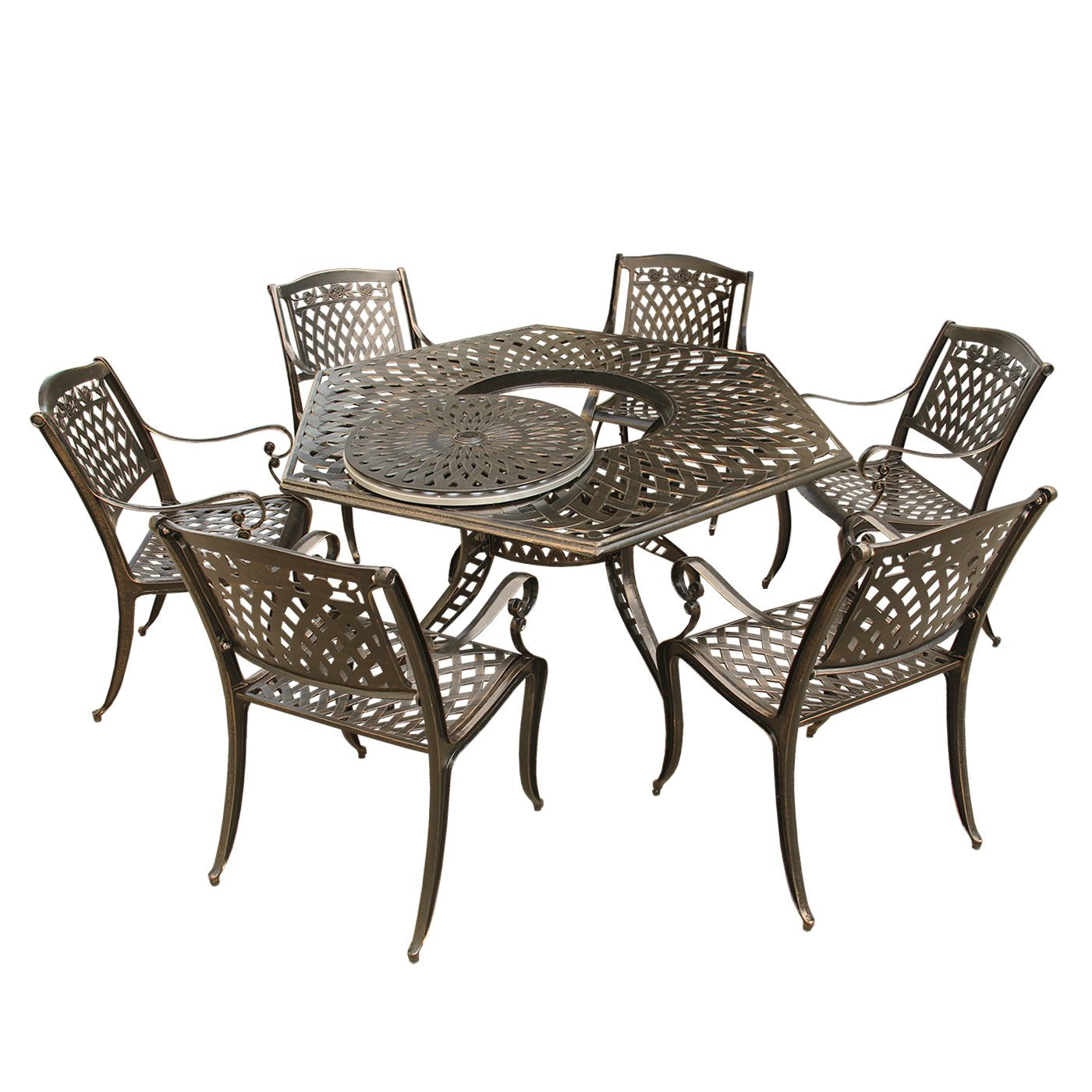63-Inch Hexagon Outdoor Dining Set with Lazy Susan and 6 Chairs