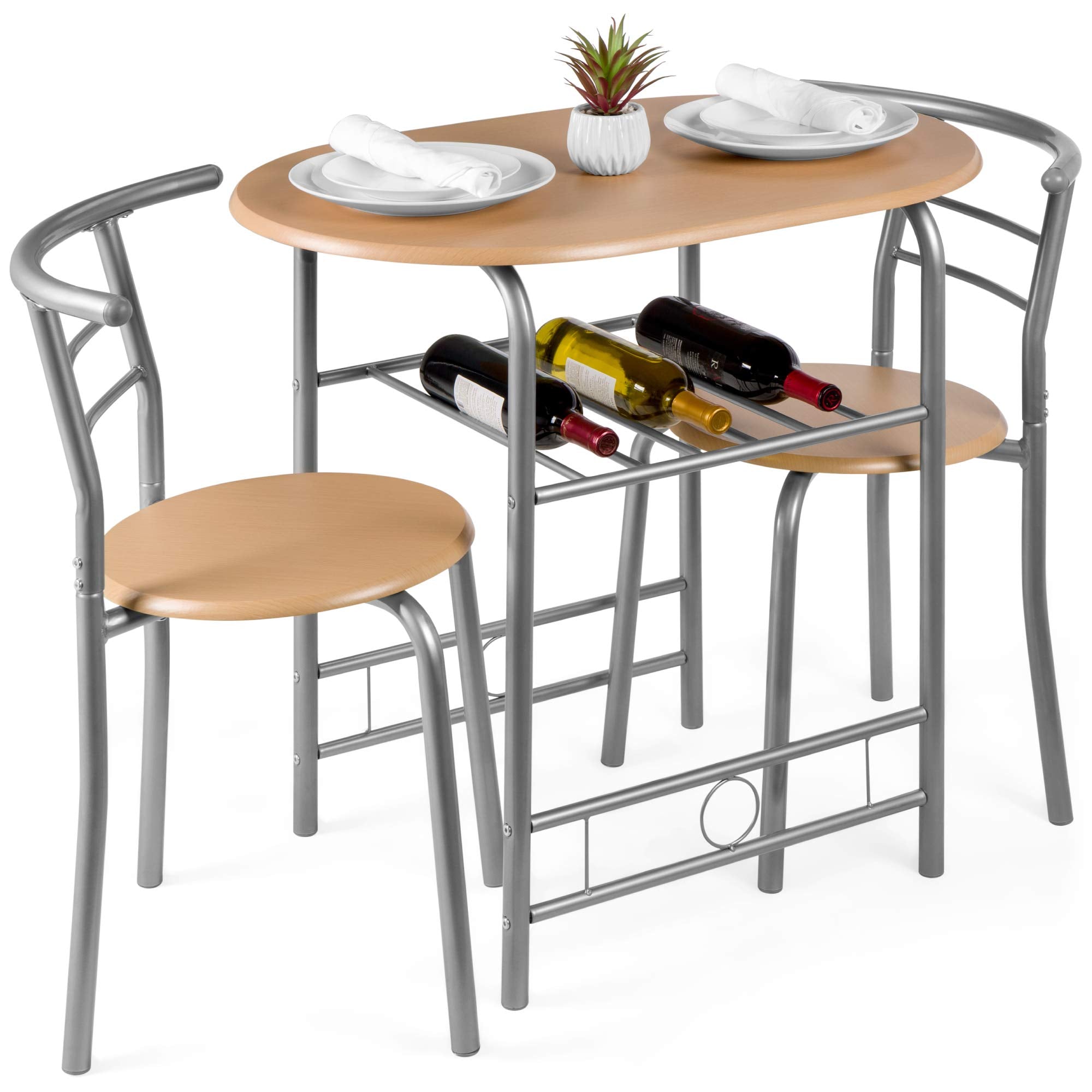 3-Piece Wooden Round Table & Chair Set with Wine Rack