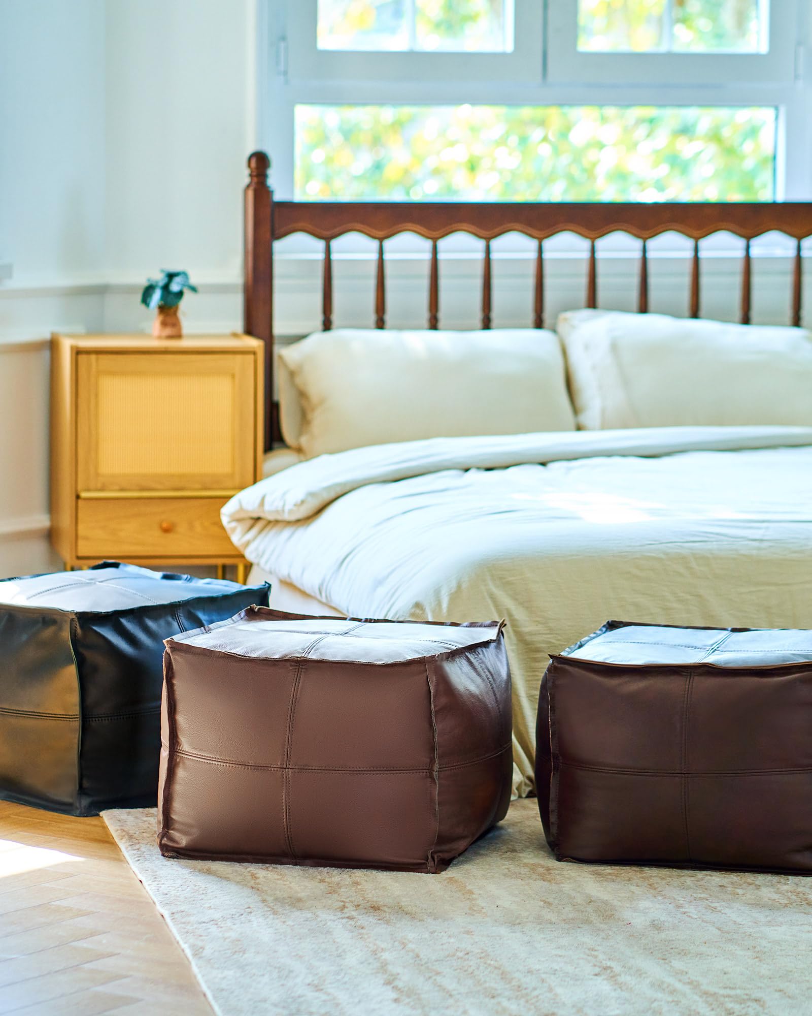 Genuine Leather Square Pouf Ottoman