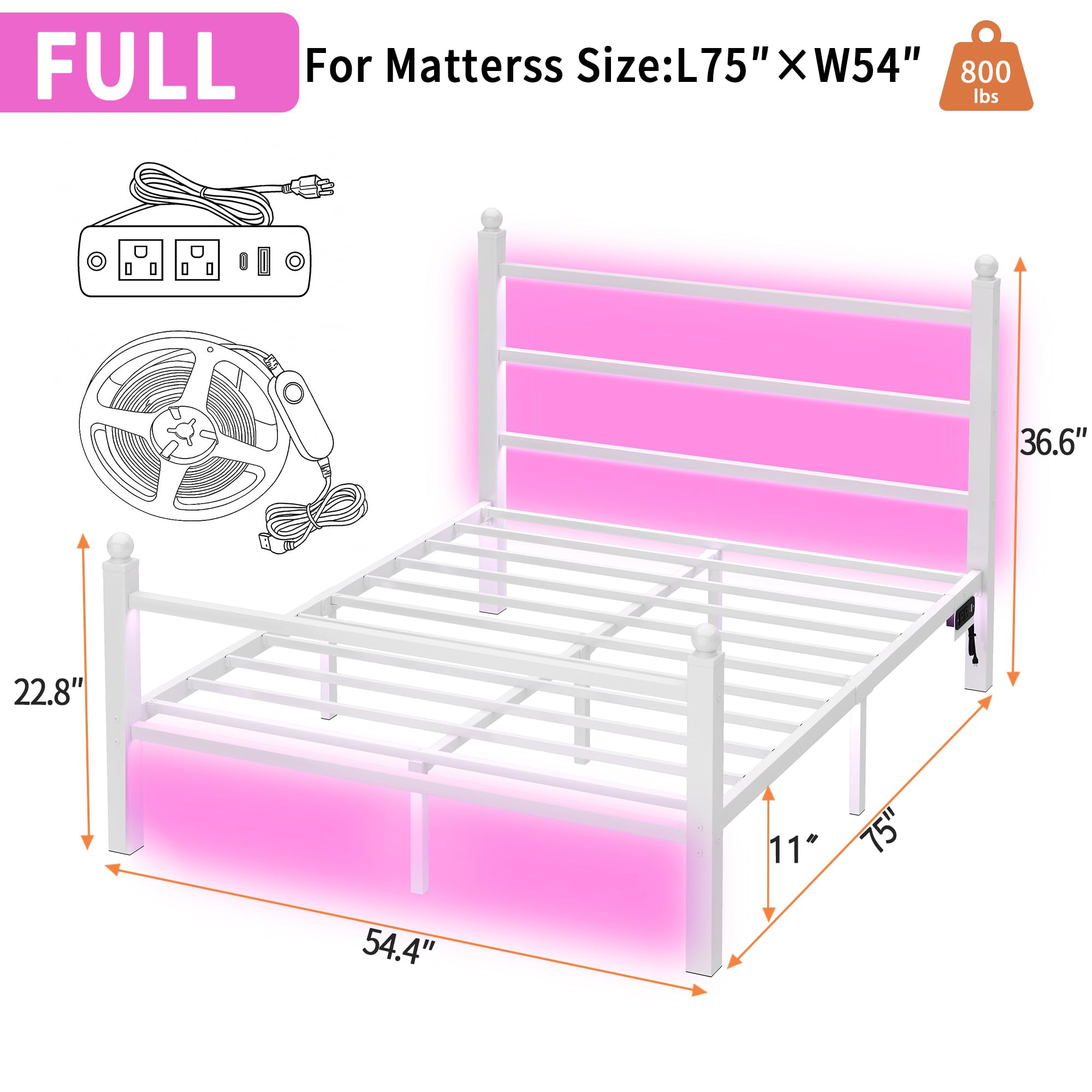 Full Size Metal Bed Frame with LED and USB Charging