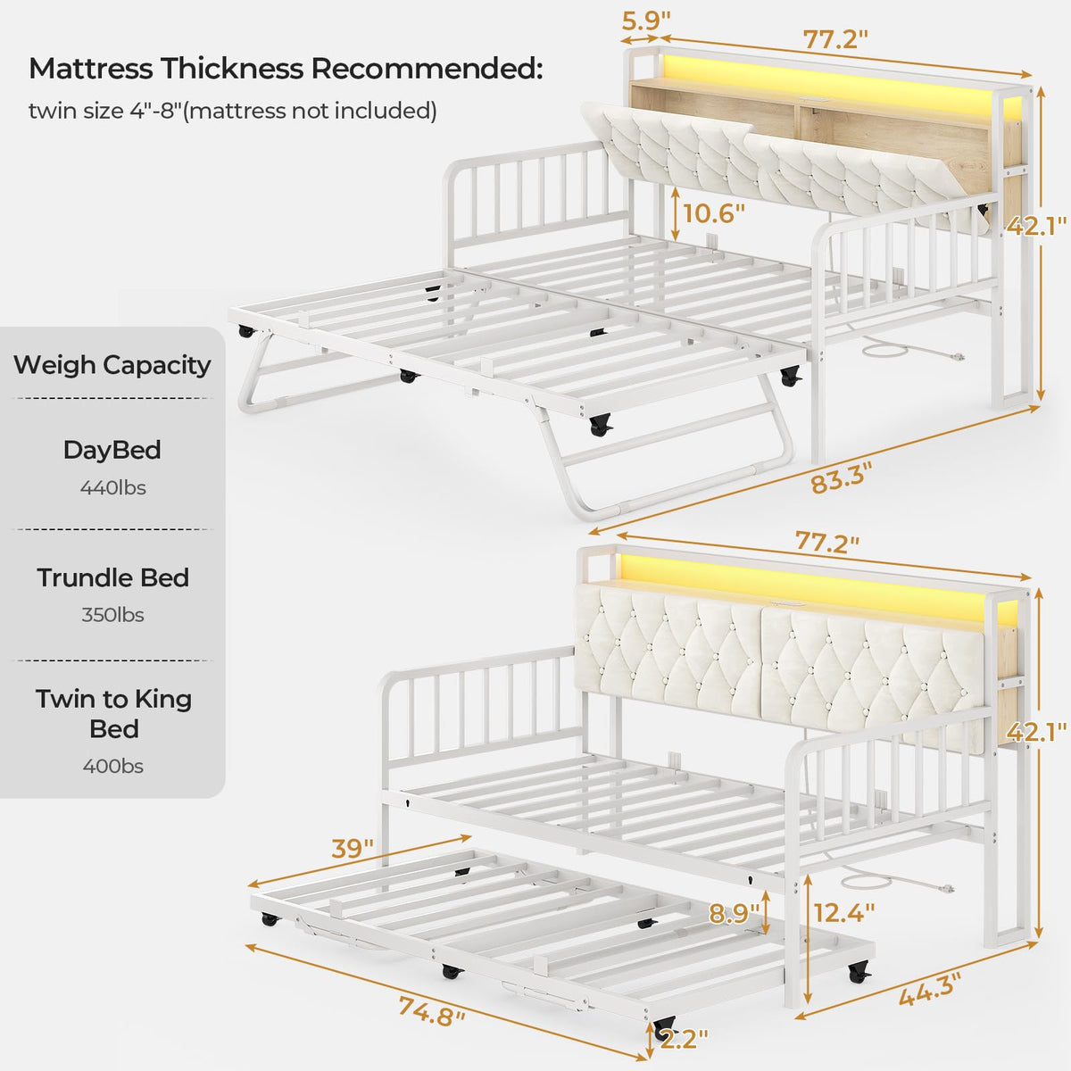 Twin to King Daybed with Trundle and Charging Station
