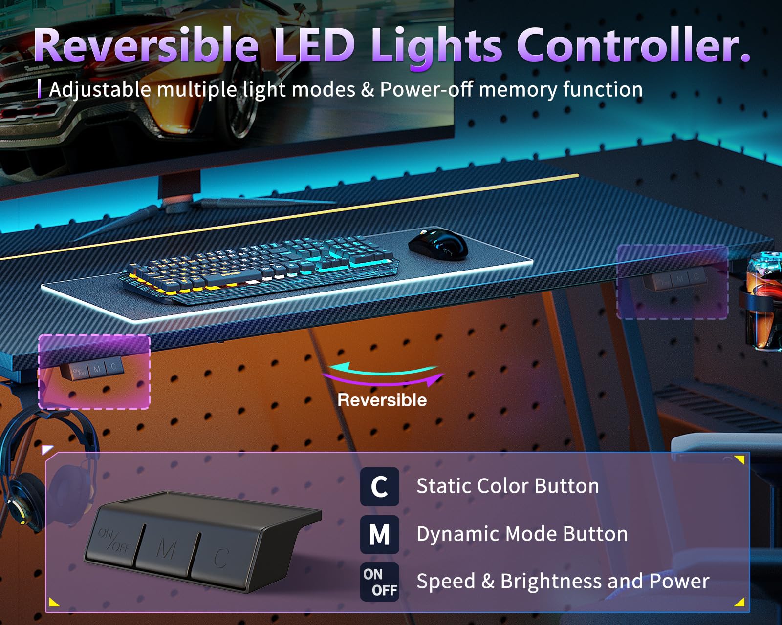 32 Inch Gaming Desk with LED Light and Carbon Fiber Texture