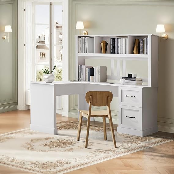 60" L-Shaped Computer Desk with Hutch and 2 Drawers