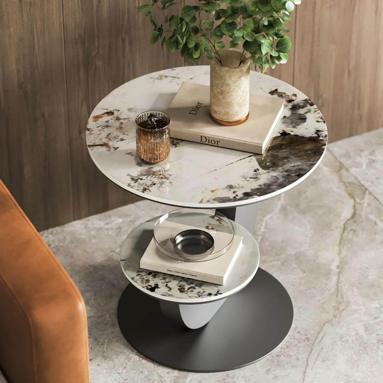 Modern Round End Table Faux Marble 2-Tier with Storage Shelf